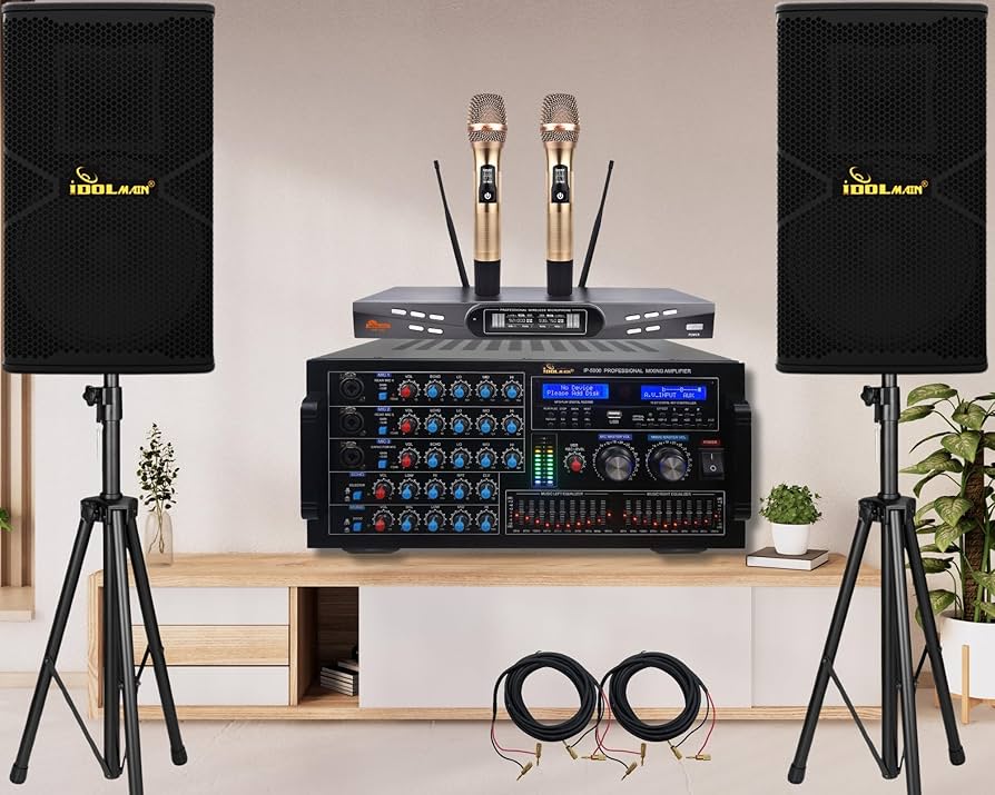 Premium Karaoke System IDOLmain 6000W Mixing Amplifier W/Optical Input, Dual Loudspeakers and Dual High Tech Wireless Microphones