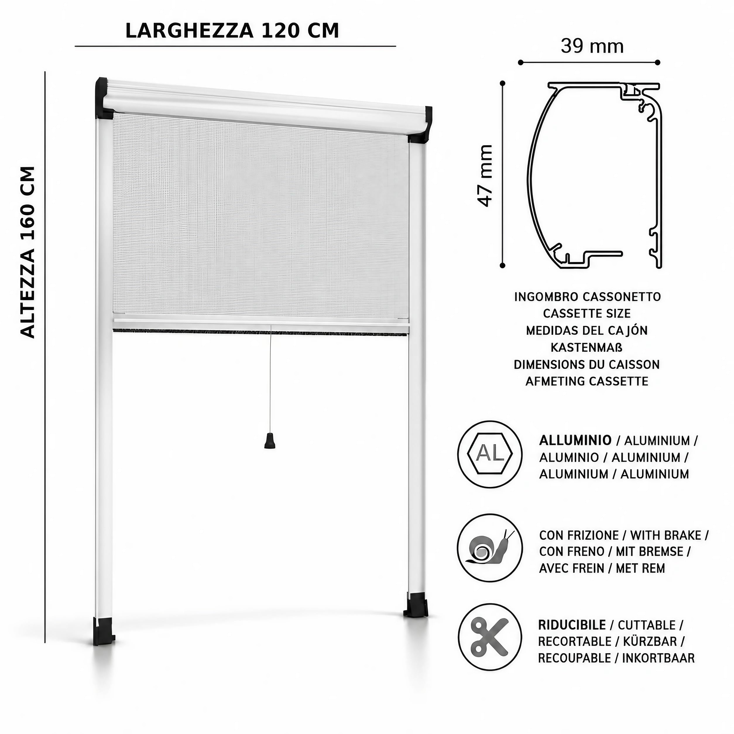 ESTO Insektenschutzrollo für Fenster, in Höhe und Breite zuschneidbar, Aluminiumrahmen, verschiedene Größen und Farben, Insektenschutznetz für Schiebe- und Flügelfenster (Weiß, 120 x 160 cm)