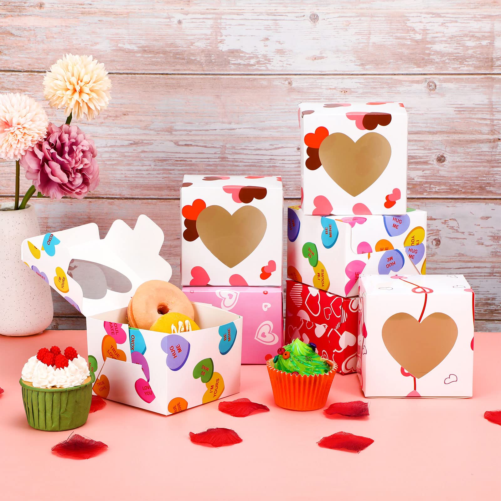 24 Valentinstag-Keksboxen Mit Herz-Fenster – 11,5x11,5x6,4 Cm, Inkl. Kordel & Anhänger, Für Cupcakes & Geschenke