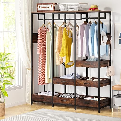 Miniatura 9 de Tribesigns Organizador de armario independiente para colgar ropa estante de ropa resistente con 6 cajones abiertos 6 ganchos y estante de