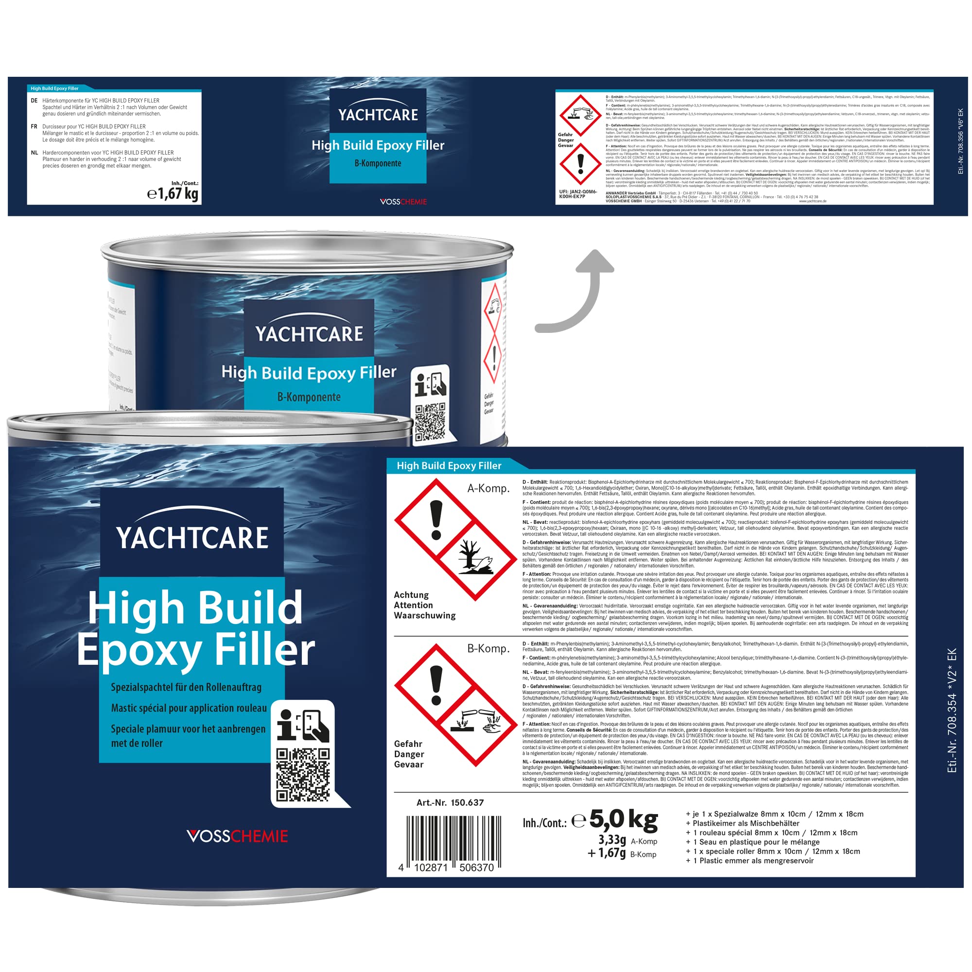 Yachtcare High Build Epoxy Filler KG 5,0 - Epoxy Rollspachtel zur Osmosesarnierung, Weiß