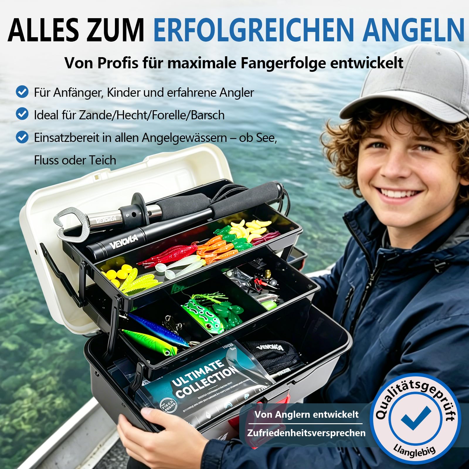 376 Stück Angelzubehör Set,Angelkoffer mit Zubehör- Fischtöter Angelzange Hakenlöser Angelzubehör,Zander,Barsch&ForellenKöder, Angelblei, Haken, Angler Geschenk für Anfänger
