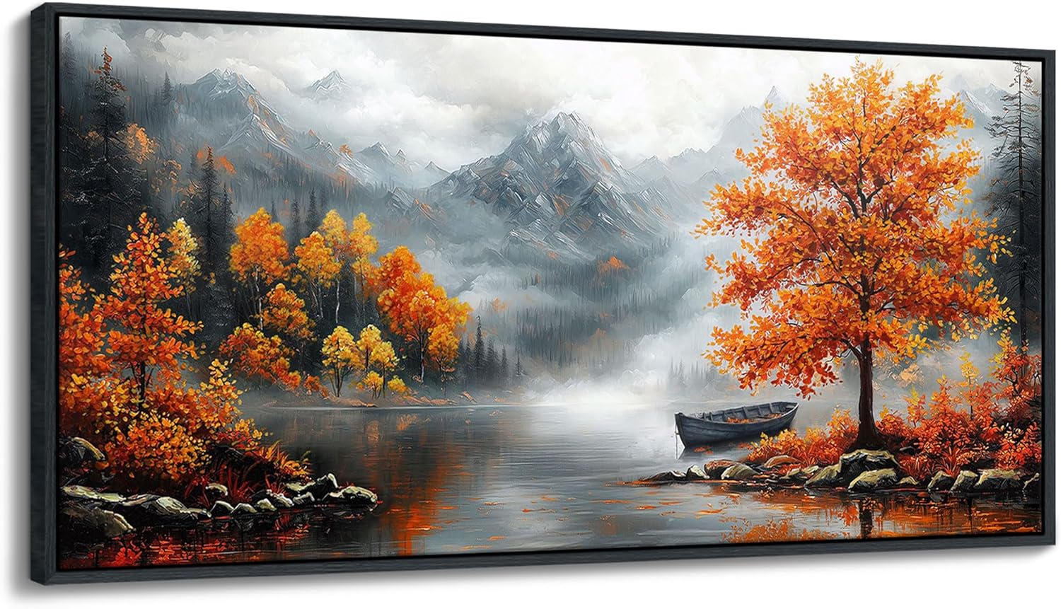 JEAWA Framed Canvas Wall Art - 20x40 IN Landscape Painting Decor Ready to Hang, Majestic Mountain Picture, Orange Trees by the Lake Art Prints for Bedroom Bathroom Home Decoration 40"L x 20"W Framed Landscape Wall Art