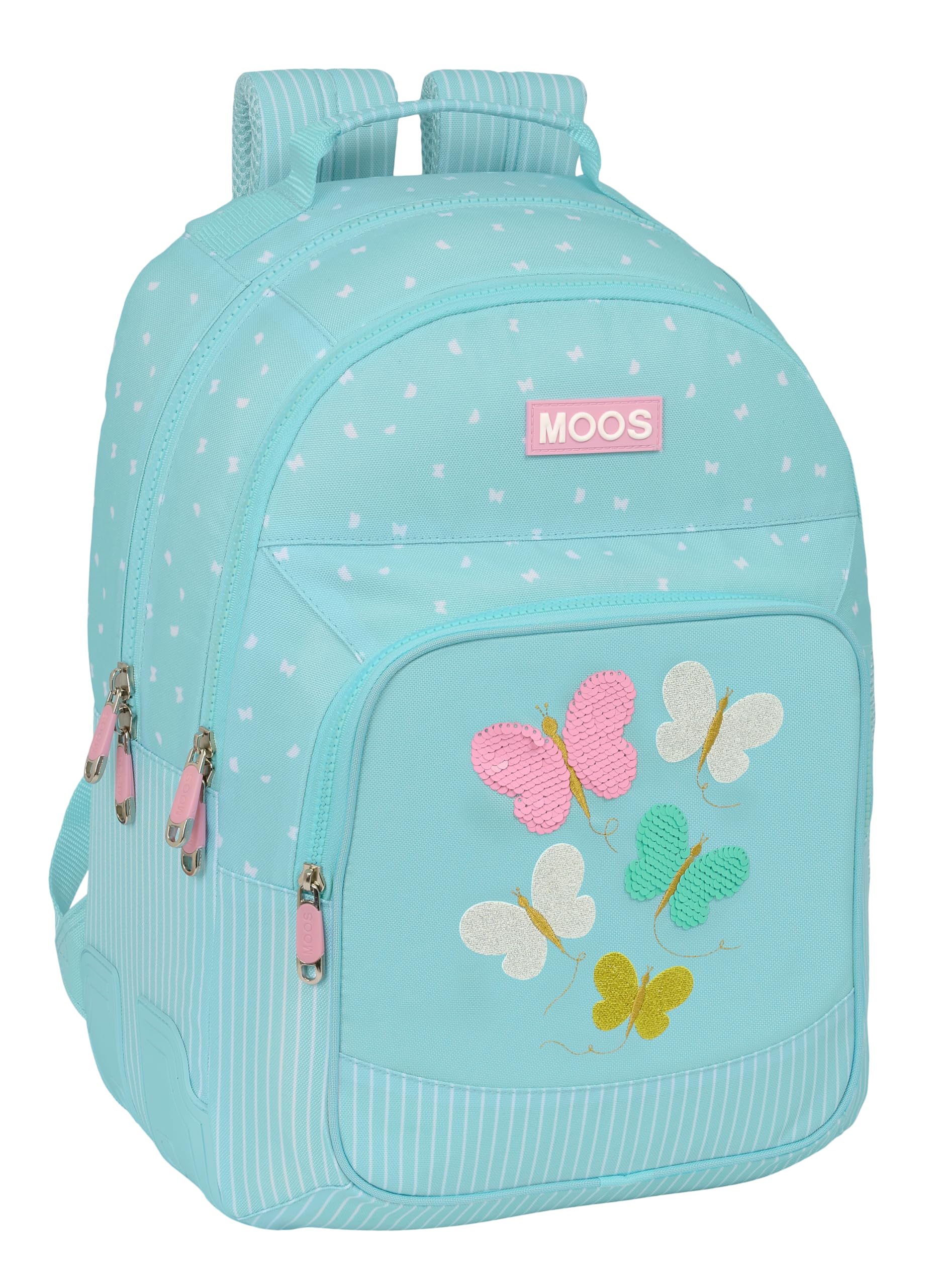 Safta MOOS BUTTERFLIES - Mochila Doble Adaptable Carro, Tejido Reciclable, Ideal para Niños de Diferentes Edades, Cómoda y Versátil, Calidad y Resistencia, 32x15x42 cm, Color Azul Claro