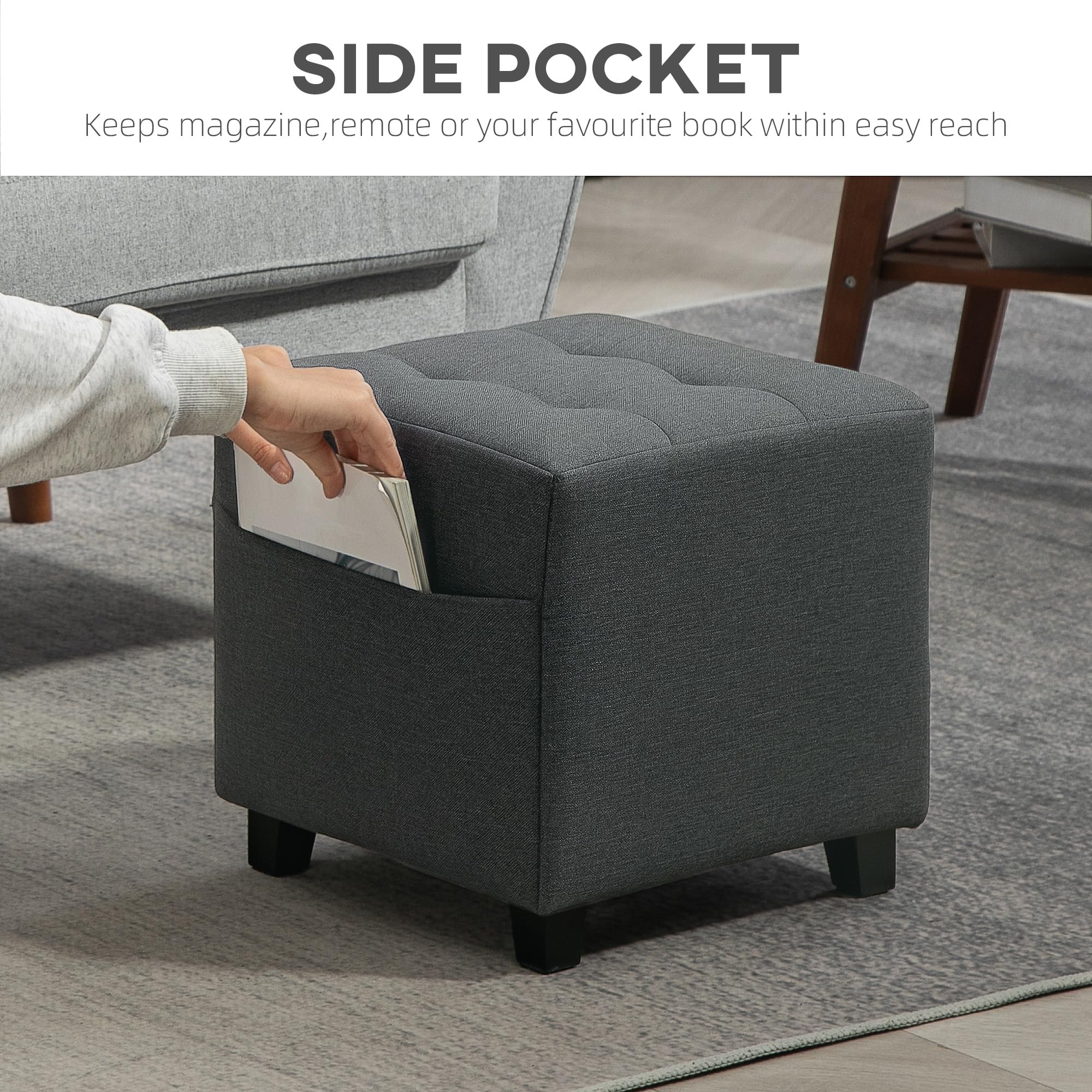 HOMCOM Tabouret carré Petit Pouf avec Poche latérale 35x35x35cm Gris