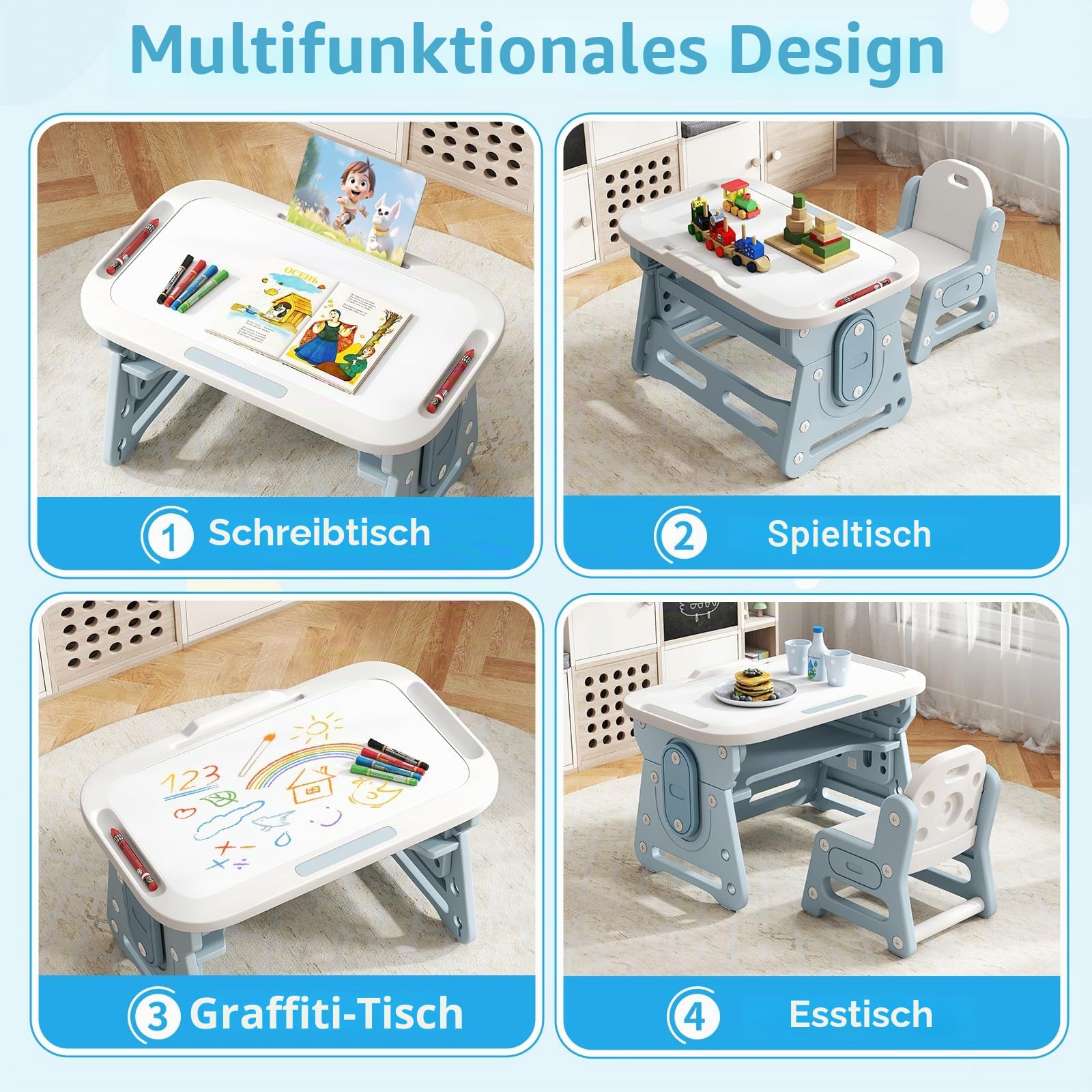LIFEZEAL Kinder Tisch Stuhl Set, Zeichentisch mit magnetischer Whiteboard & Kinderstuhl, Verstellbarer & neigbarer Schreibtisch mit Stauraum, Maltisch für Kinder ab 3 Jahr (Weiß + Blau)