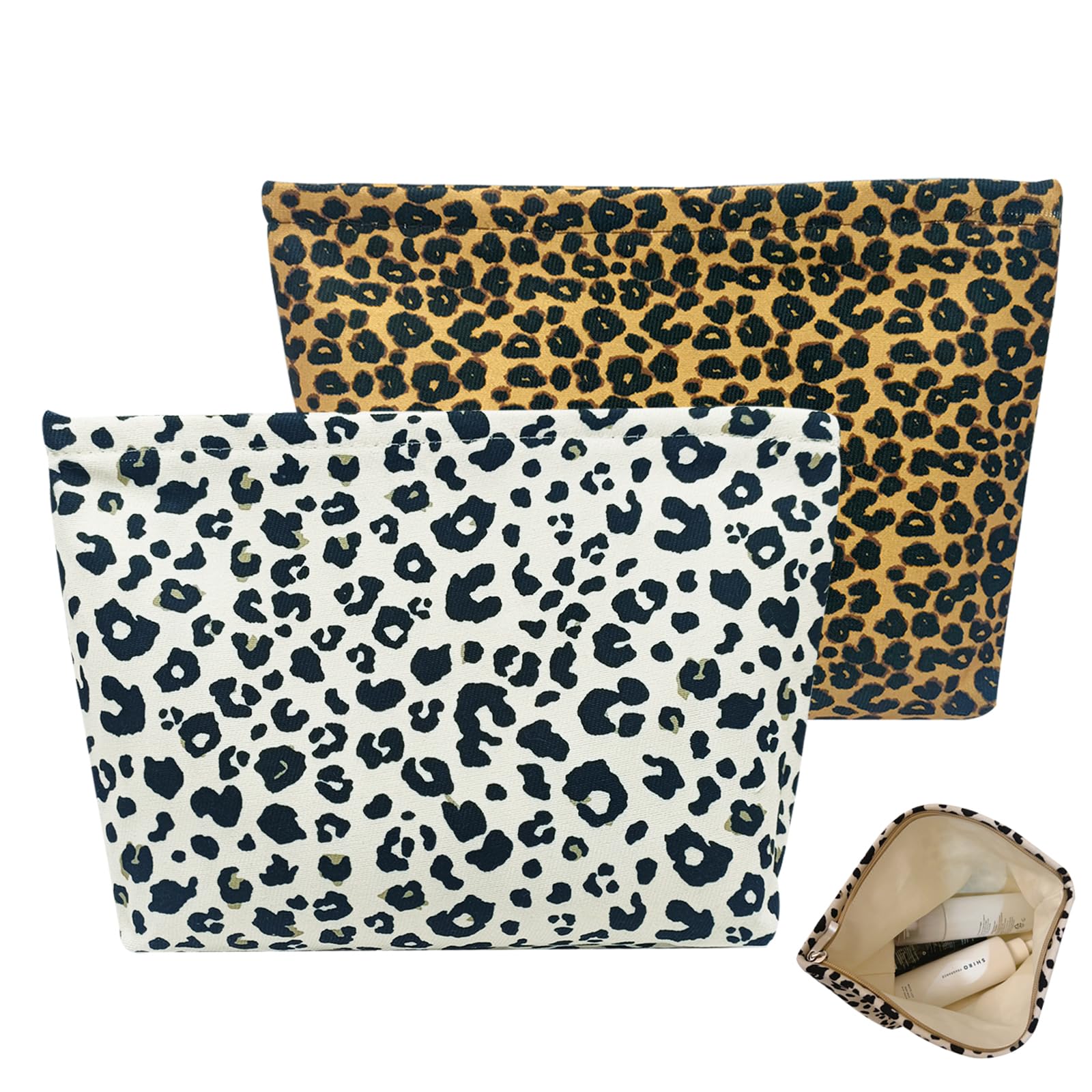 FOSDICK 2 Pieces Makeup Bag, Leopard Print Make Up Bag, Makeup Bags for Women Girls Large Capacity Makeup Organiser Bag