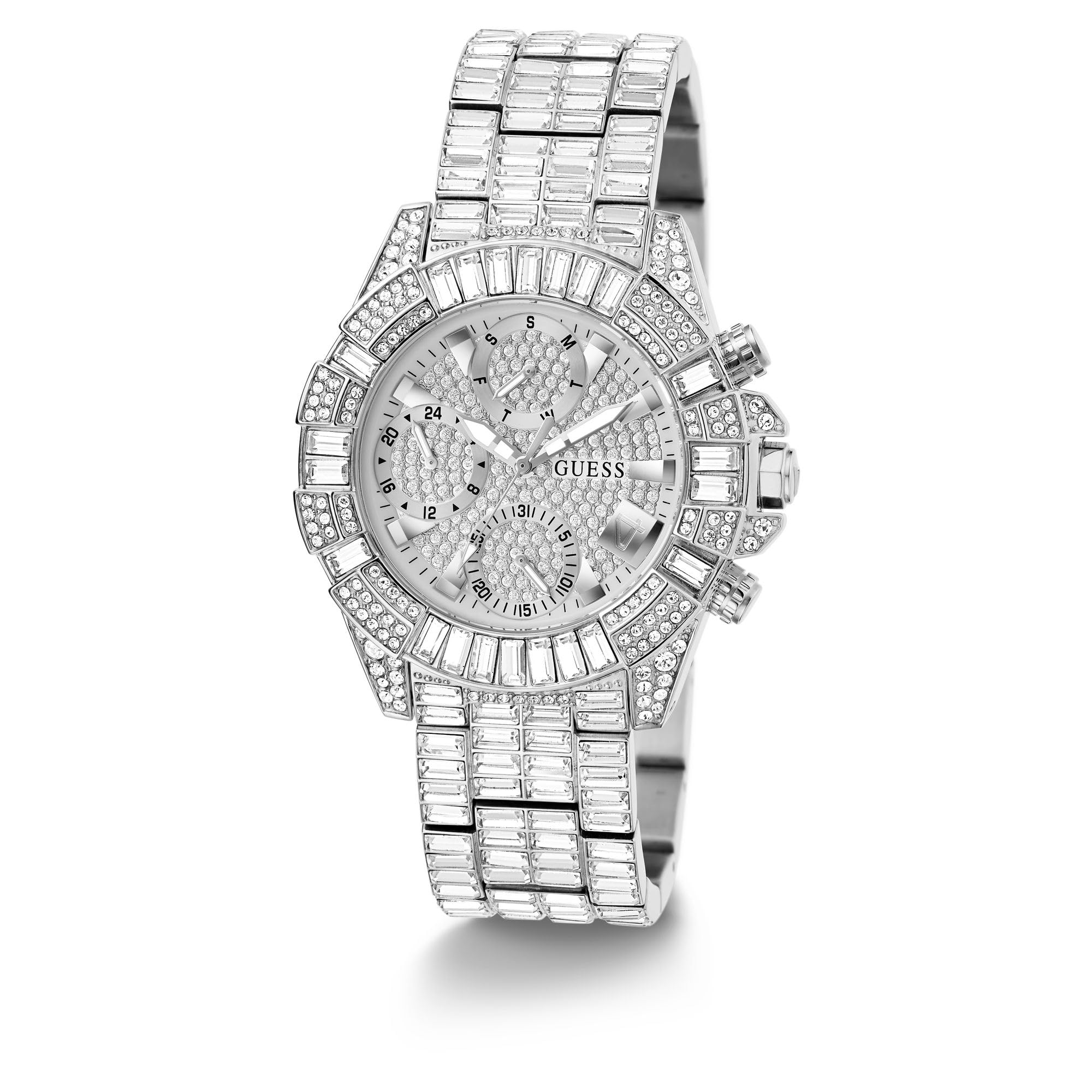 Guess Iconic 40TH Damen Armbanduhr mi Zirkonia in der Farbe Silber mit Armband aus Edelstahl, Wasserdichtigkeit: 5 bar, Gehäusedurchmesser: 40 mm, GW0812L1