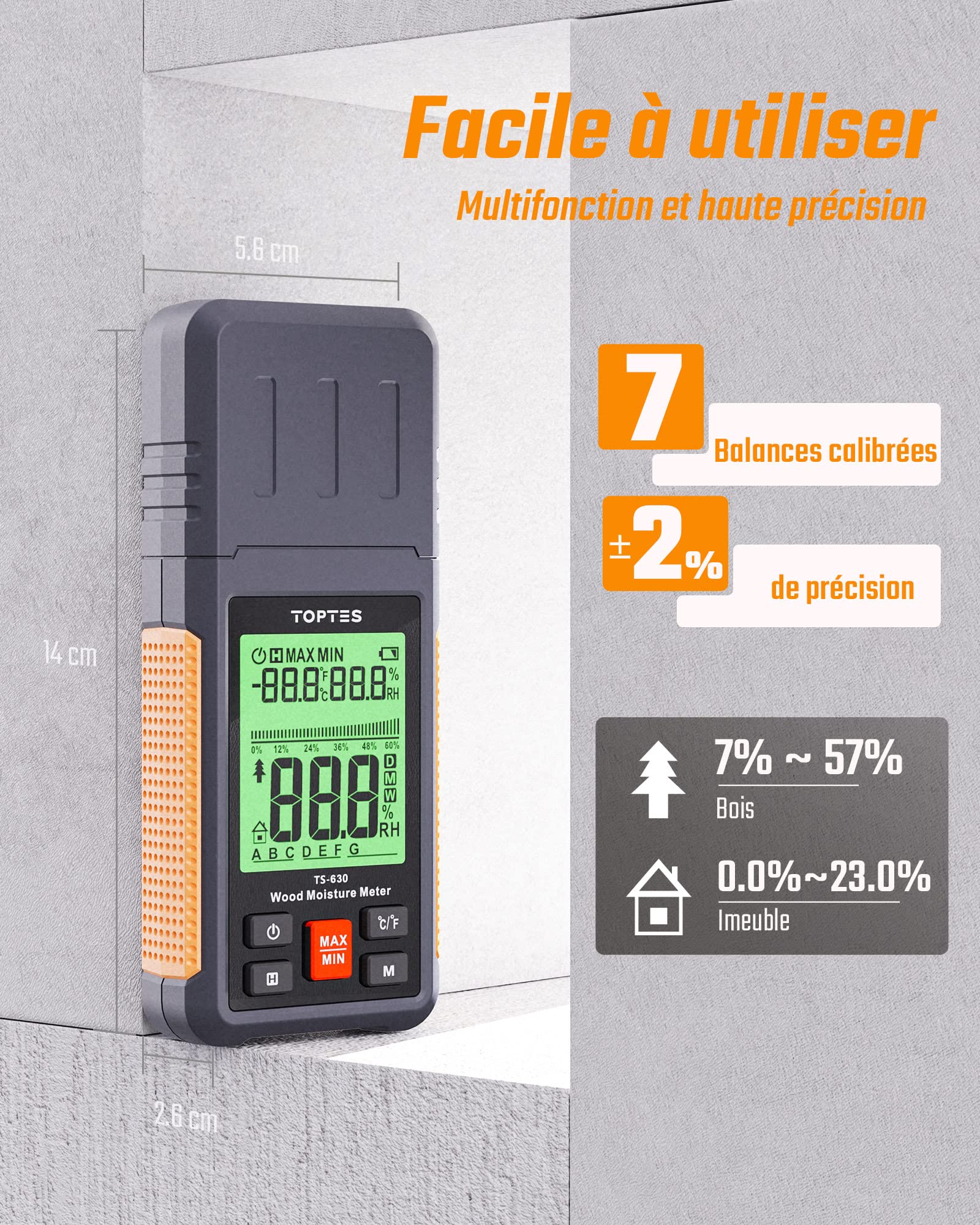 Testeur Humidité, TopTes TS630, Contrôle Rapide Teneur Bois Chauffage & Mur Construction, Grand Écran Rétroéclairé Tricolore, avec 7 Modes, Batterie Incluse