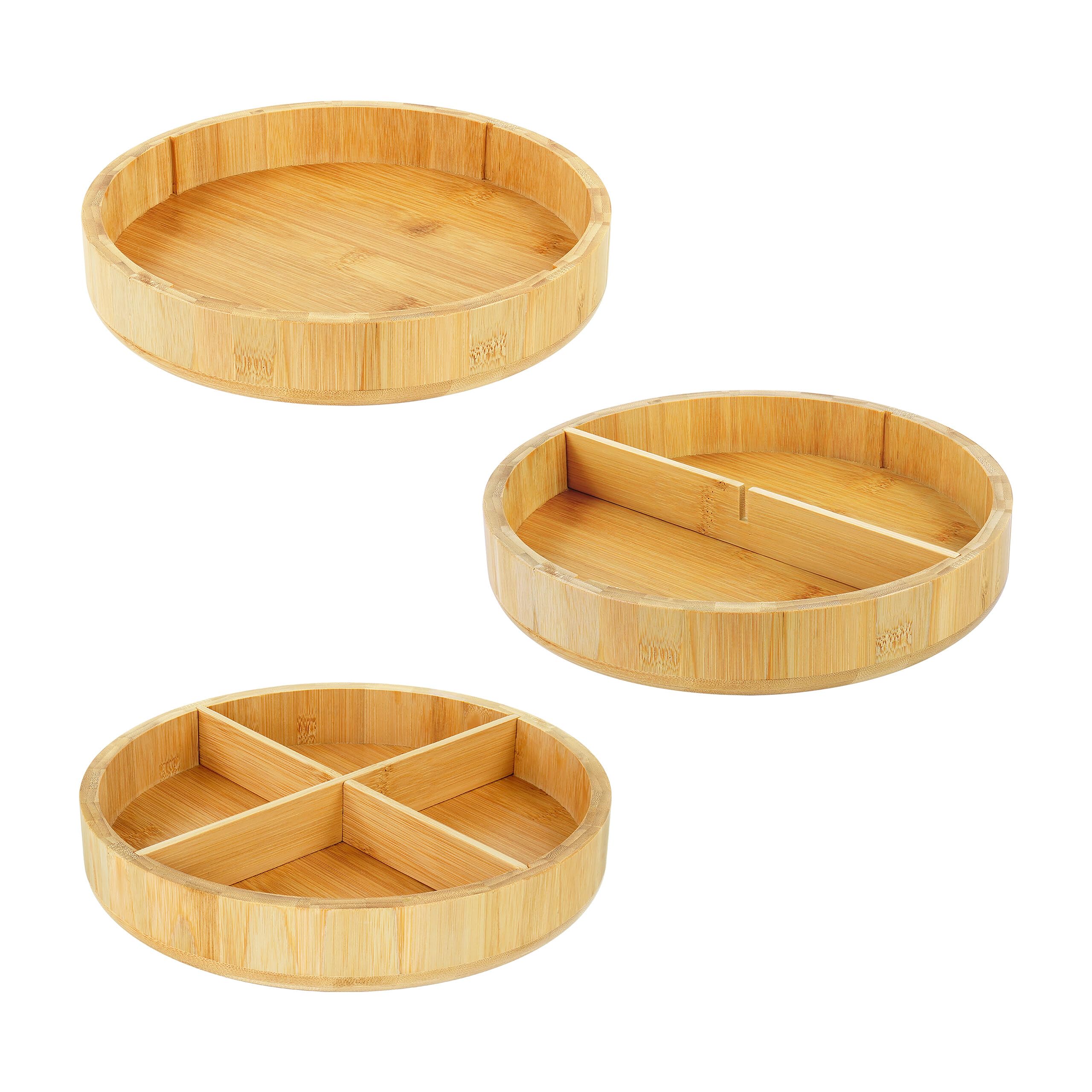 Relaxdays Talerz obrotowy, bambusowy, obracany o 360°, 4 przegródki, wyjmowane ścianki działowe, wys. x śr.: 6 x 23,5 cm, organizer na przyprawy, naturalny
