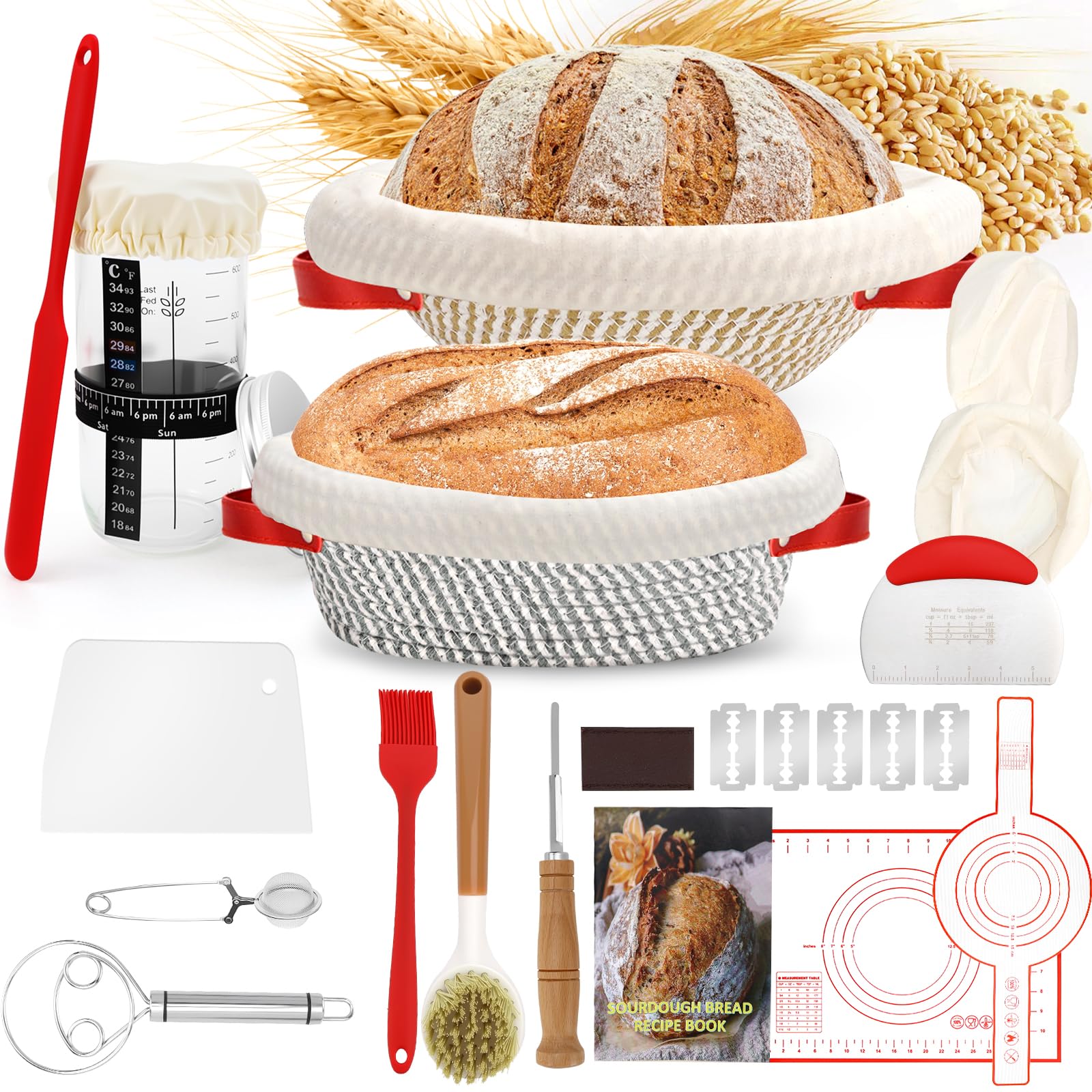 IIRC Set di base per pasta acida, cestino per pane, accessori per impasti acidi, per principianti, panettiere esperti