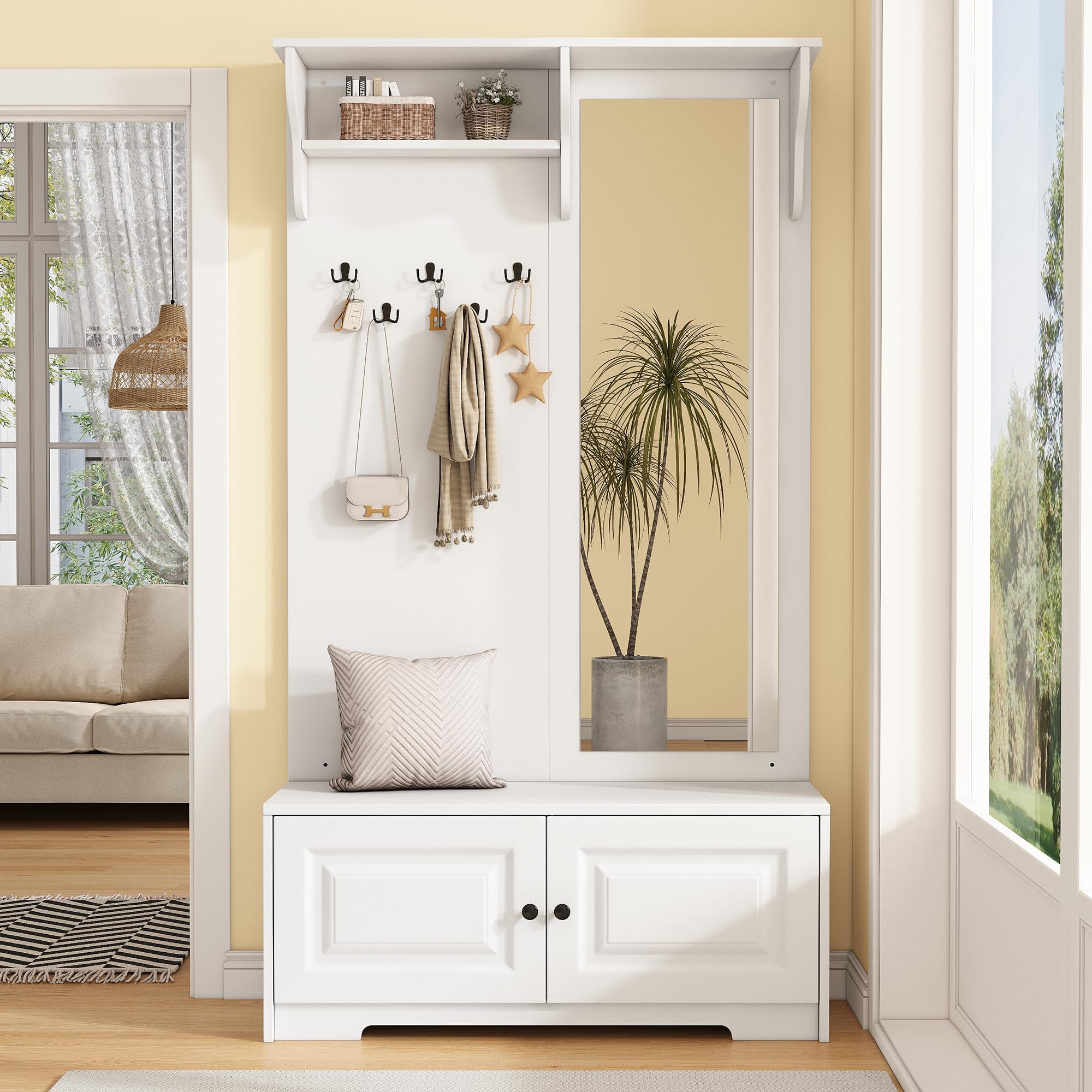 100 x 40 x 180 cm appendiabiti con specchio, 5 ganci per vestiti, 2 armadi e scaffali, appendiabiti con scarpiera, corridoio, guardaroba compatto, bianco