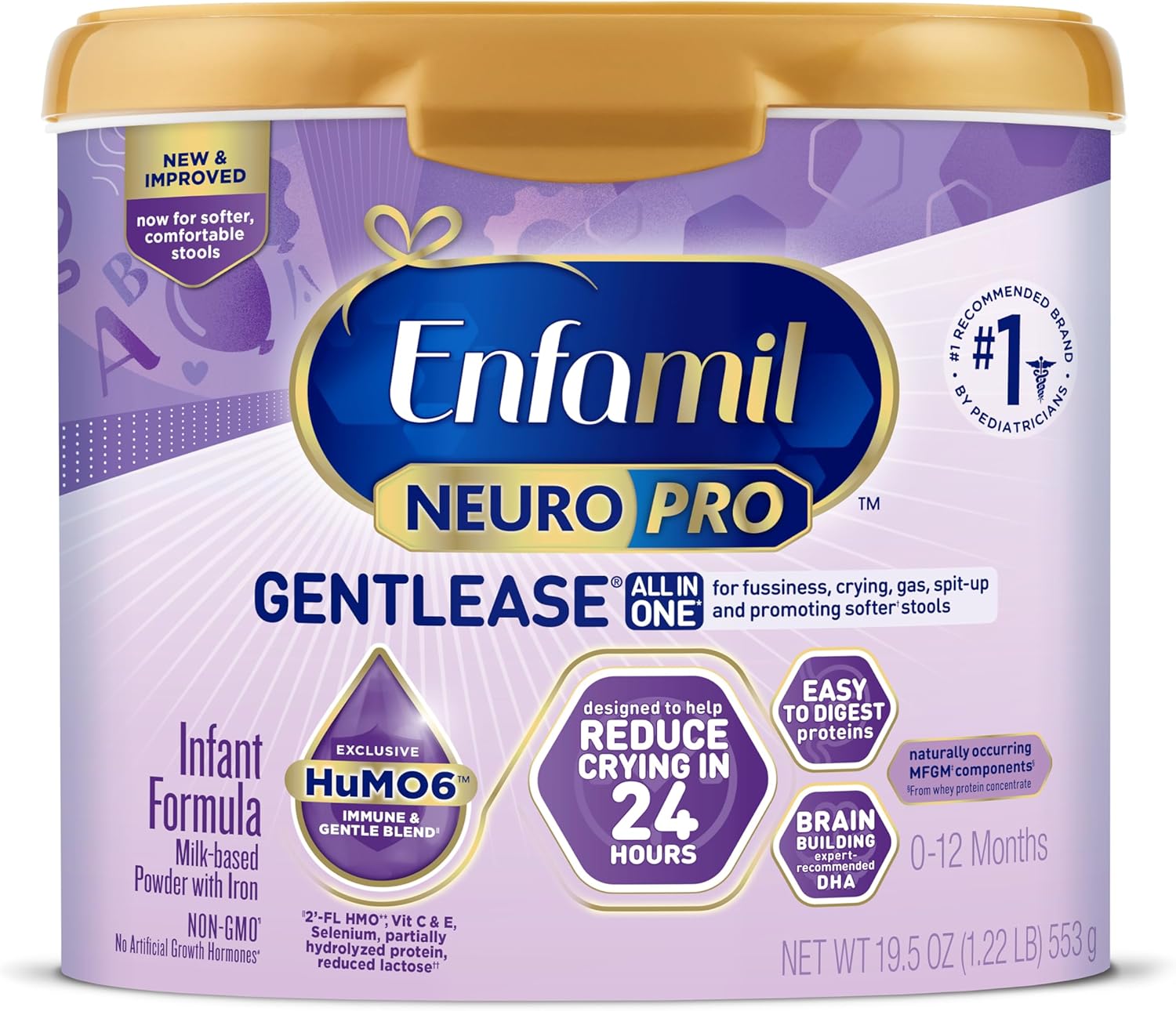 (((( use by 7/1/2026))) Enfamil NeuroPro Gentlease Baby Formula, Brain Building DHA, HuMO6 Immune Blend, Designed to Reduce Fussiness, Crying, Gas & Spit-up in 24 Hrs, has Prebiotics to Promote Softer Stools, Reusable Tub, 19.5 Oz 19.5 Oz Tub