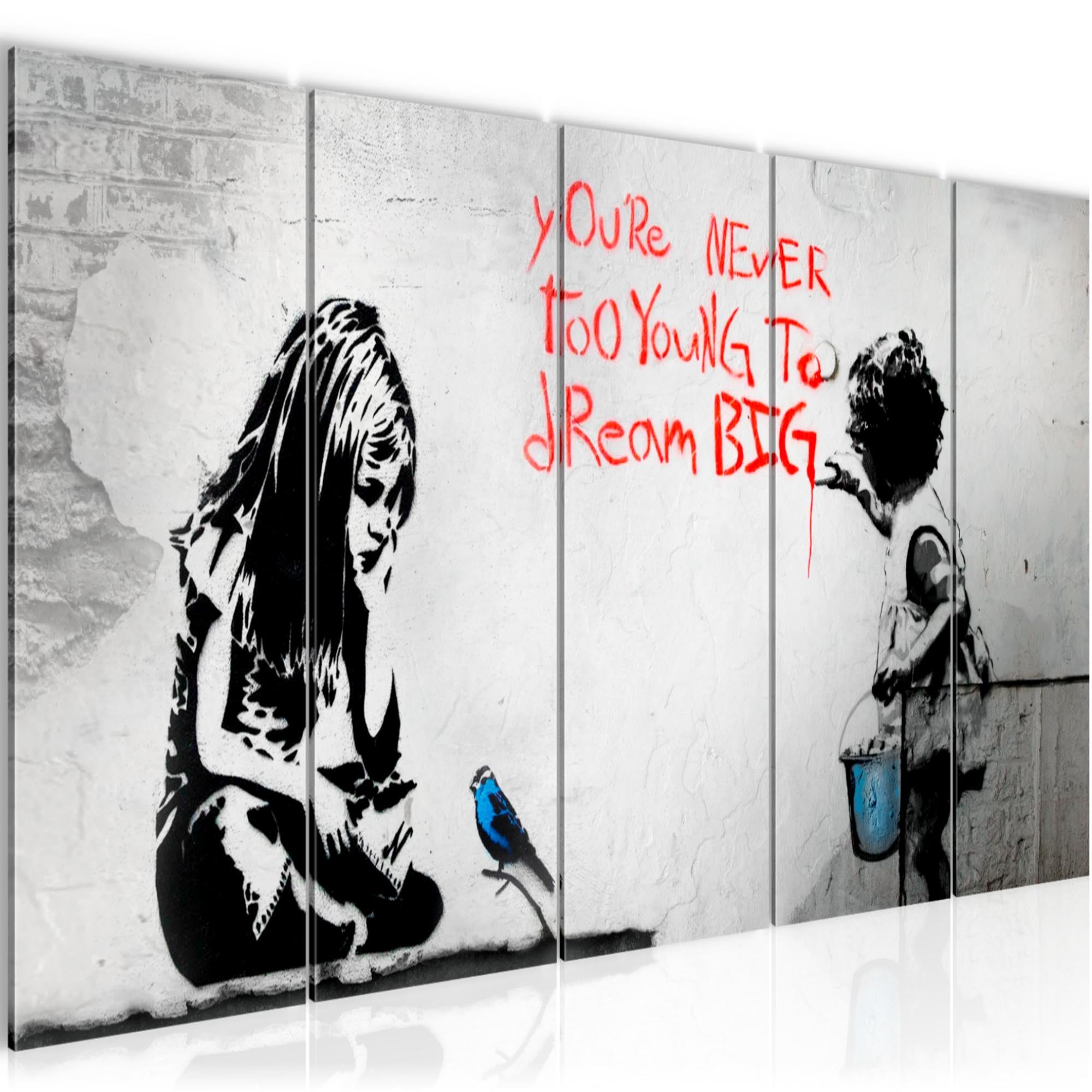 Runa Art Wandbild XXL Mädchen mit Vogel Loft Wohnzimmer 200 x 80 cm Grau Blau 5 Teilig - Made in Germany - 040655a