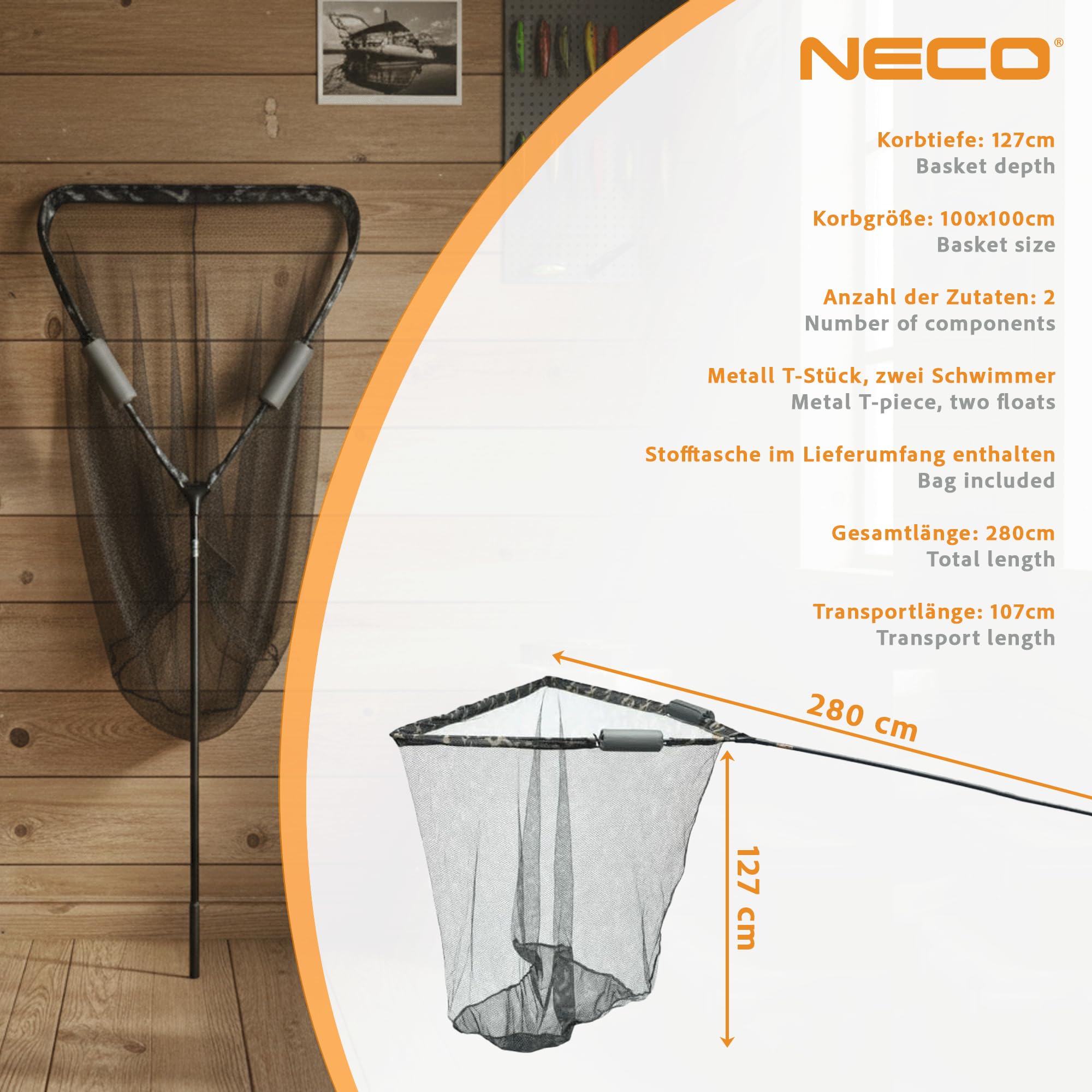 NECO Épuisette à Carpe 100x100 cm avec Flotteurs - Grand Filet Pliable et Léger avec Étui, Panier Profond pour la Pêche aux Poissons et Carpes (70202)