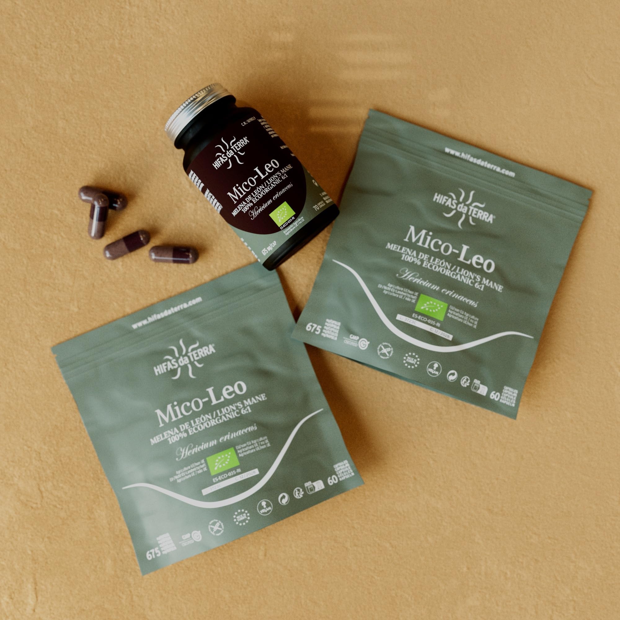 HIFAS DA TERRA - Mico-Leo Extracto Puro de Melena de León Hericium - Alta concentración de Beta-Glucanos y Vitamina C - Apoyo cognitivo, memoria, bienestar emocional e inmunitario - Refill 60 Cápsulas