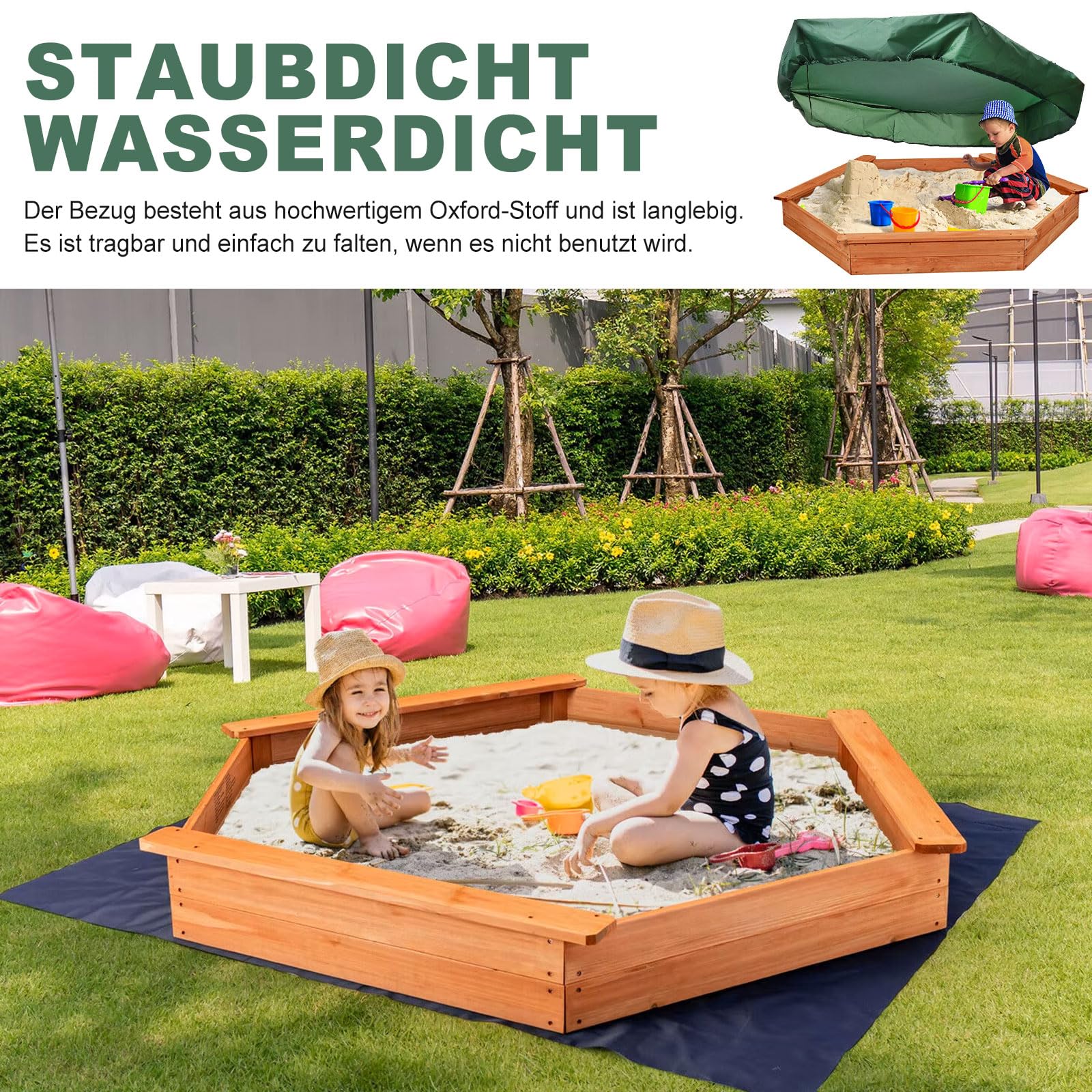 Sandkasten Abdeckplane Sechseckige Sandkastenplane Sandkastenabdeckung Plane Abdeckplane Sandkasten Oxford-Tuch mit Kordelzug Abdeckplane staubdicht wasserdicht Spielzeug (230 * 200cm)