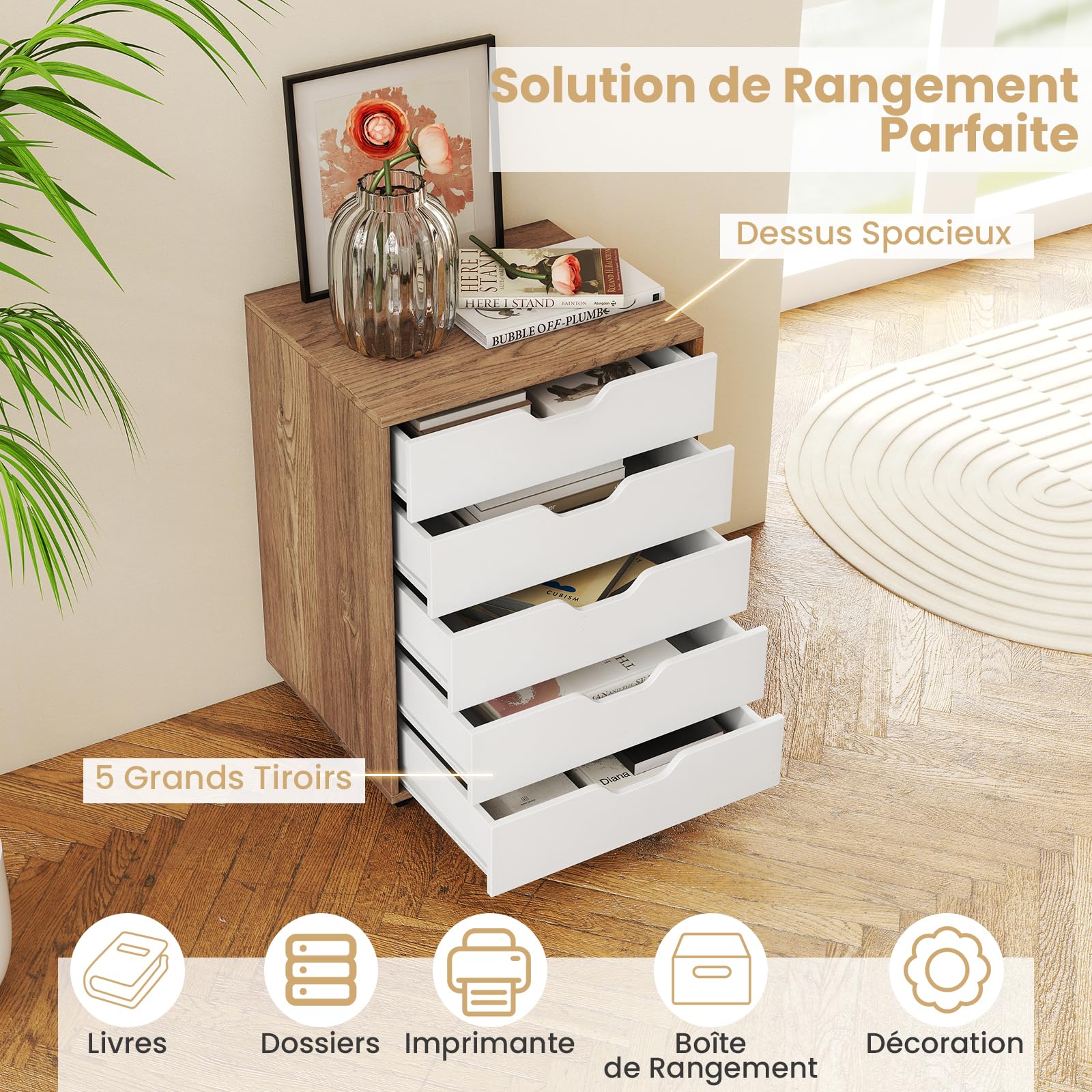 GOPLUS Caisson Bureau avec 5 Tiroirs à Roulettes en Bois, 49x40x65CM, Meuble Rangement Bureau Mobile avec Support Imprimante, Rangement à 5 Niveaux pour A4, Document, Format, Lettre, Idéal pour Maison