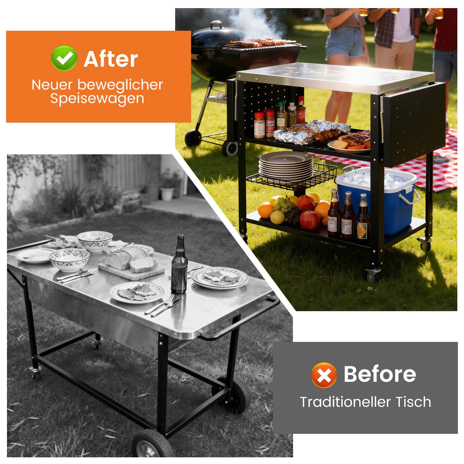 Gourmet Grilltisch Klappbar Servierwagen 3 Etagen Küchenwagen, Edelstahl Grillwagen Beistelltisch Outdoorküche mit Rollen, Mobiler Tischplatte für Garten Grill Camping Außenbereich