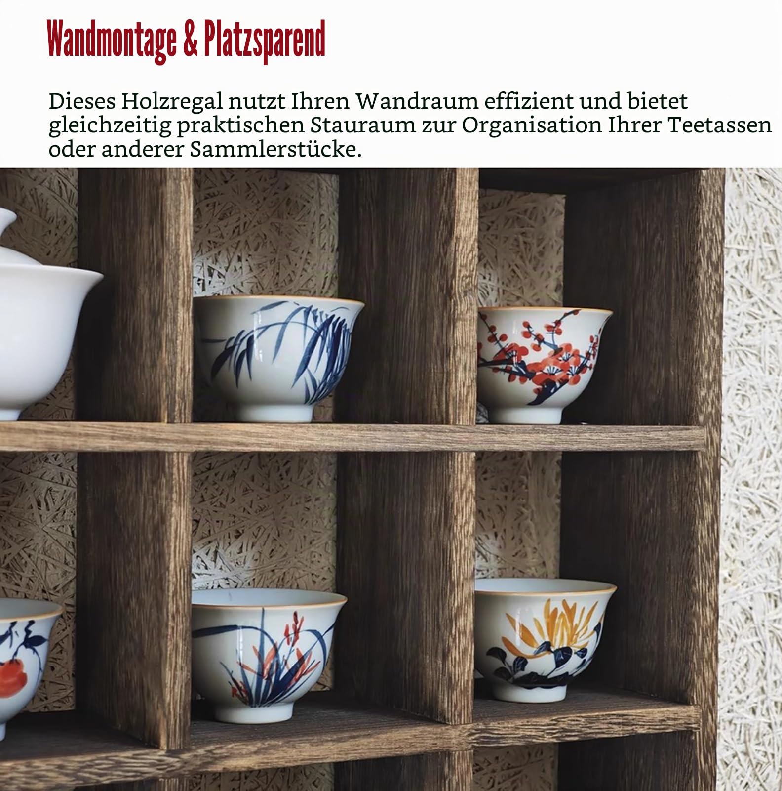 Tassenregal Holz Wandmontage, Ständer für Teetassen-, Schnapsgläser- und Kaffeetassen, Schweberegal für Küche und Wohnzimmer (4x4 16 Slots)