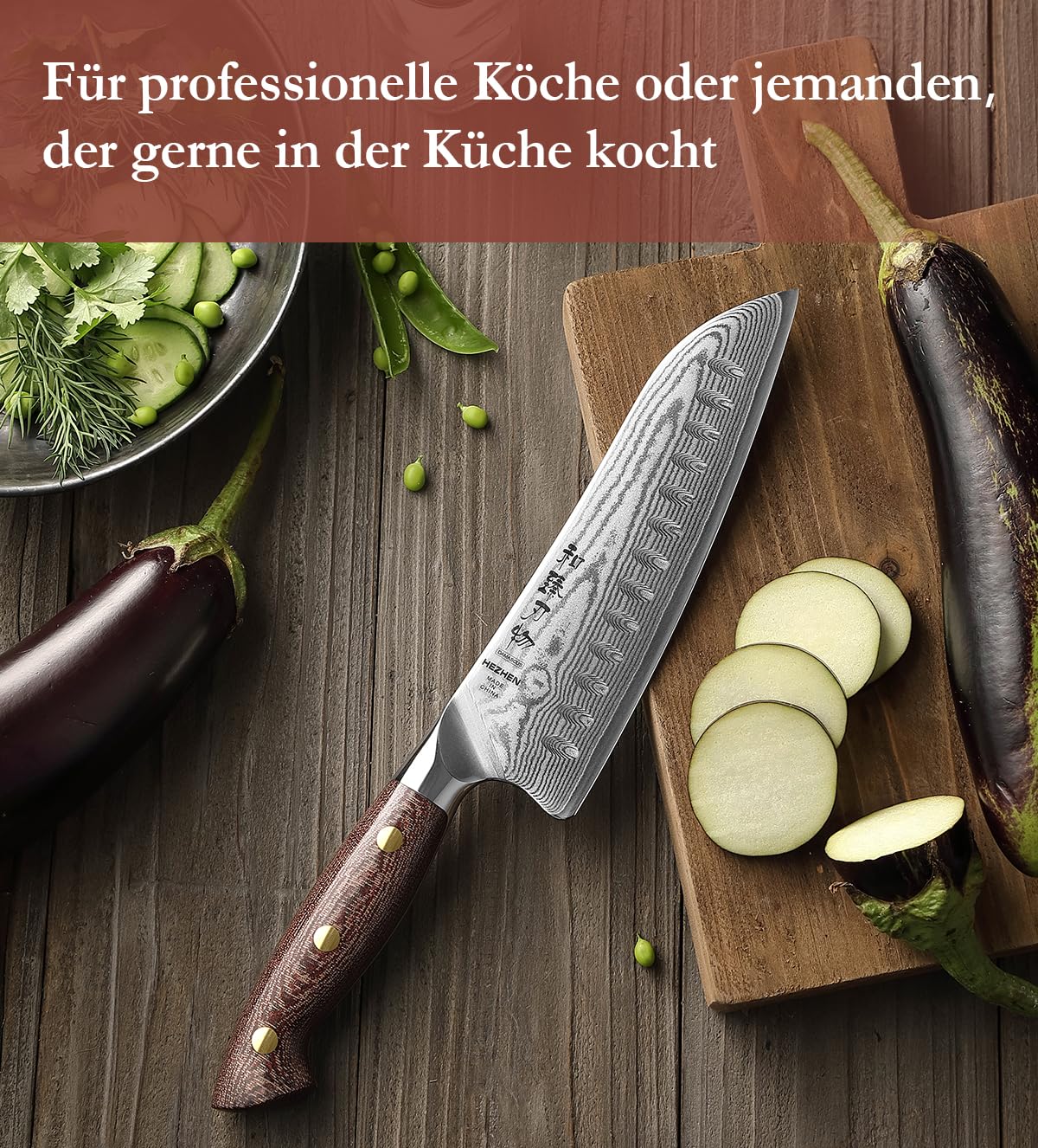HEZHEN Santokumesser im Japanischen Stil，Echter Damaststahl Kochmesser mit Holzmesserscheide, Chinesisch VG10 Gyuto Messer, Full Tang Griff aus Micarta