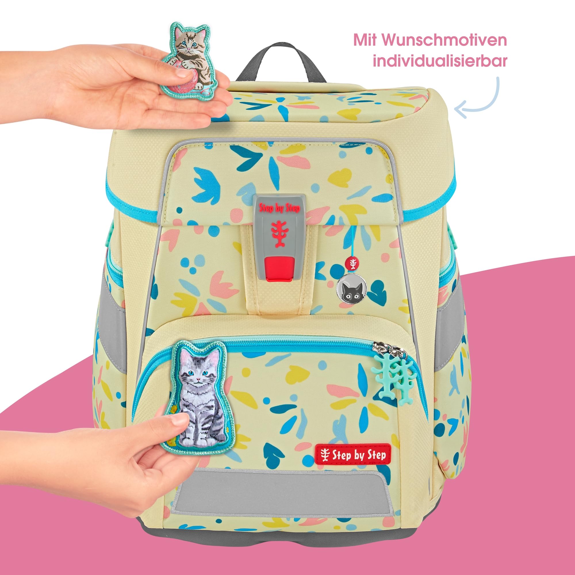 Step by Step Schulranzen-Set Space „Cat Lilly“ 5-teilig, gelb, Katzen-Design, ergonomischer Tornister mit Reflektoren, höhenverstellbar mit Hüftgurt für Mädchen ab der 1. Klasse, 20L