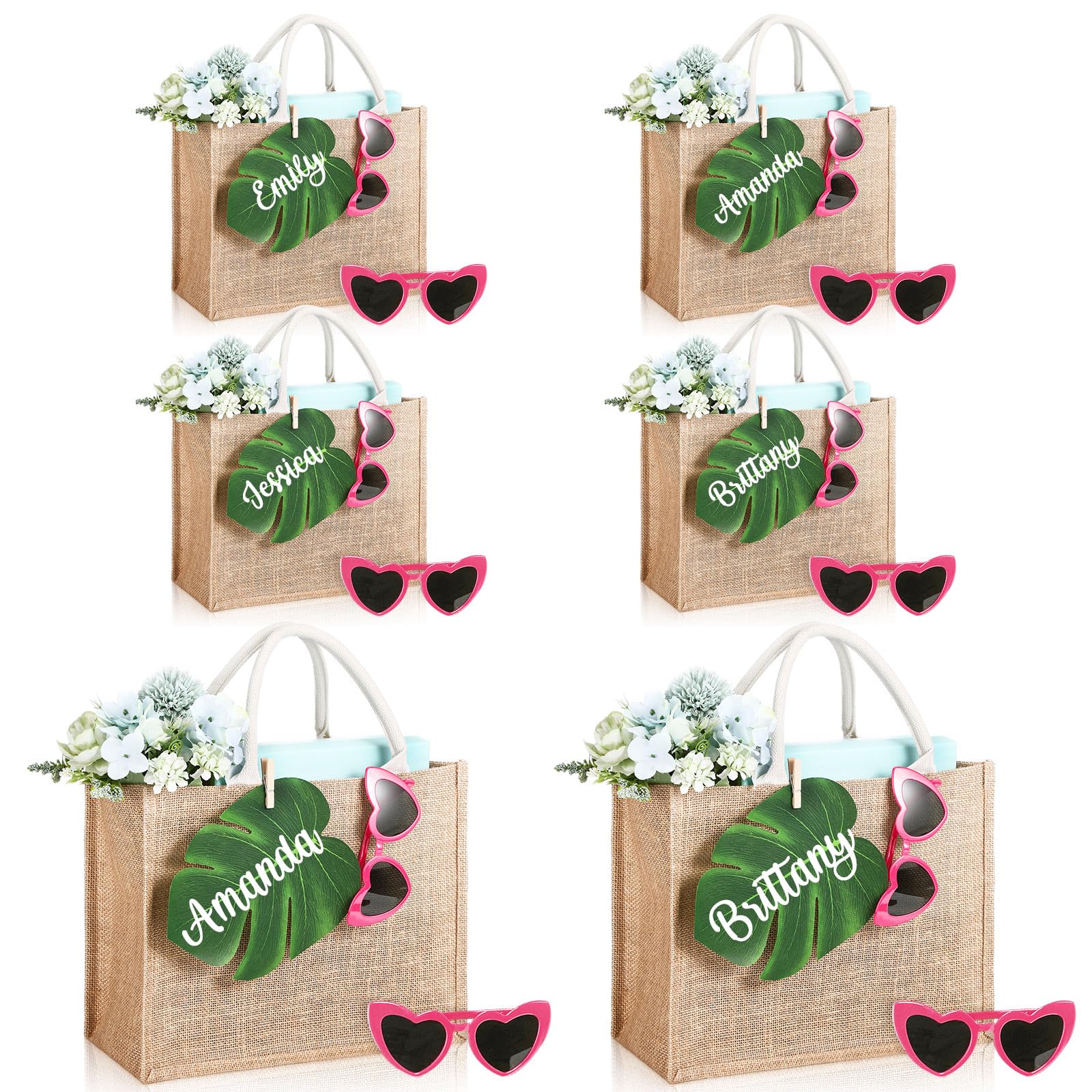 Paterr 6 Sets Hawaiian Tropical Gift Bags Jute Bridesmaid Gift Bag with Heart Shaped Sunglasses Palm Leaves Reusable Bride Tote for Summer