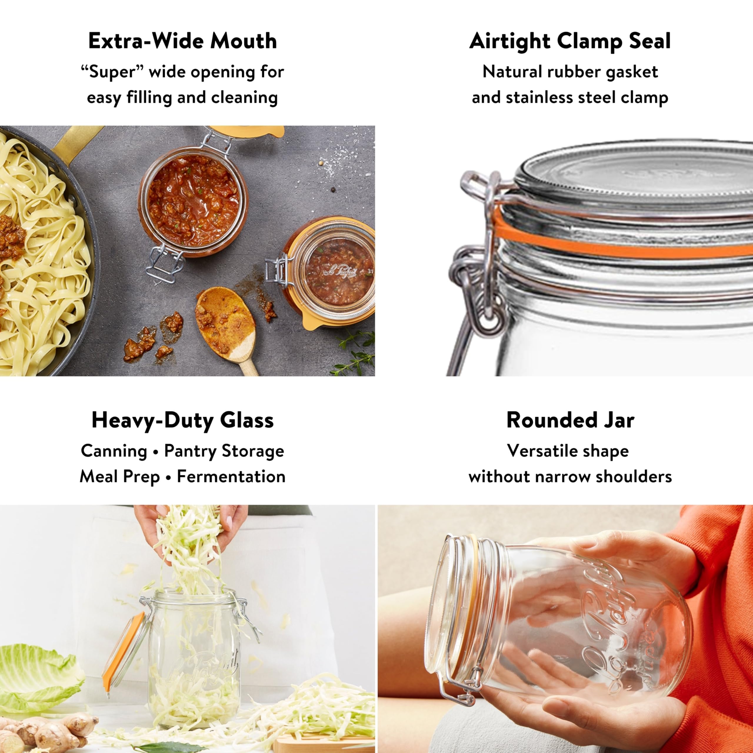 Le Parfait Super Jar Einmachglas mit luftdichter Gummidichtung und Drahtbügelverschluss, BPA-frei, für Essiggurken, Obst, Soßen und Lebensmittel, hergestellt in Frankreich, 500 ml, 4 Stück