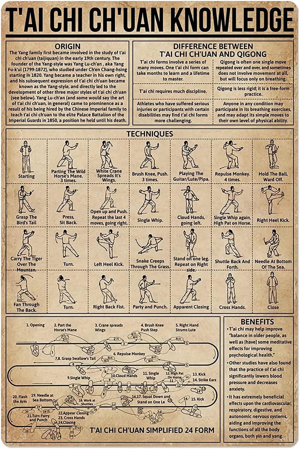 Yunking Style-1081 Kung Fu Knowledge Metal Tin Sign Tai Chi Chuan Anatomy Infographic Poster Aluminum Sign Martial Arts Hall Club Home Bedroom School Educational Wall Decoration Plaque 8X12 Inch