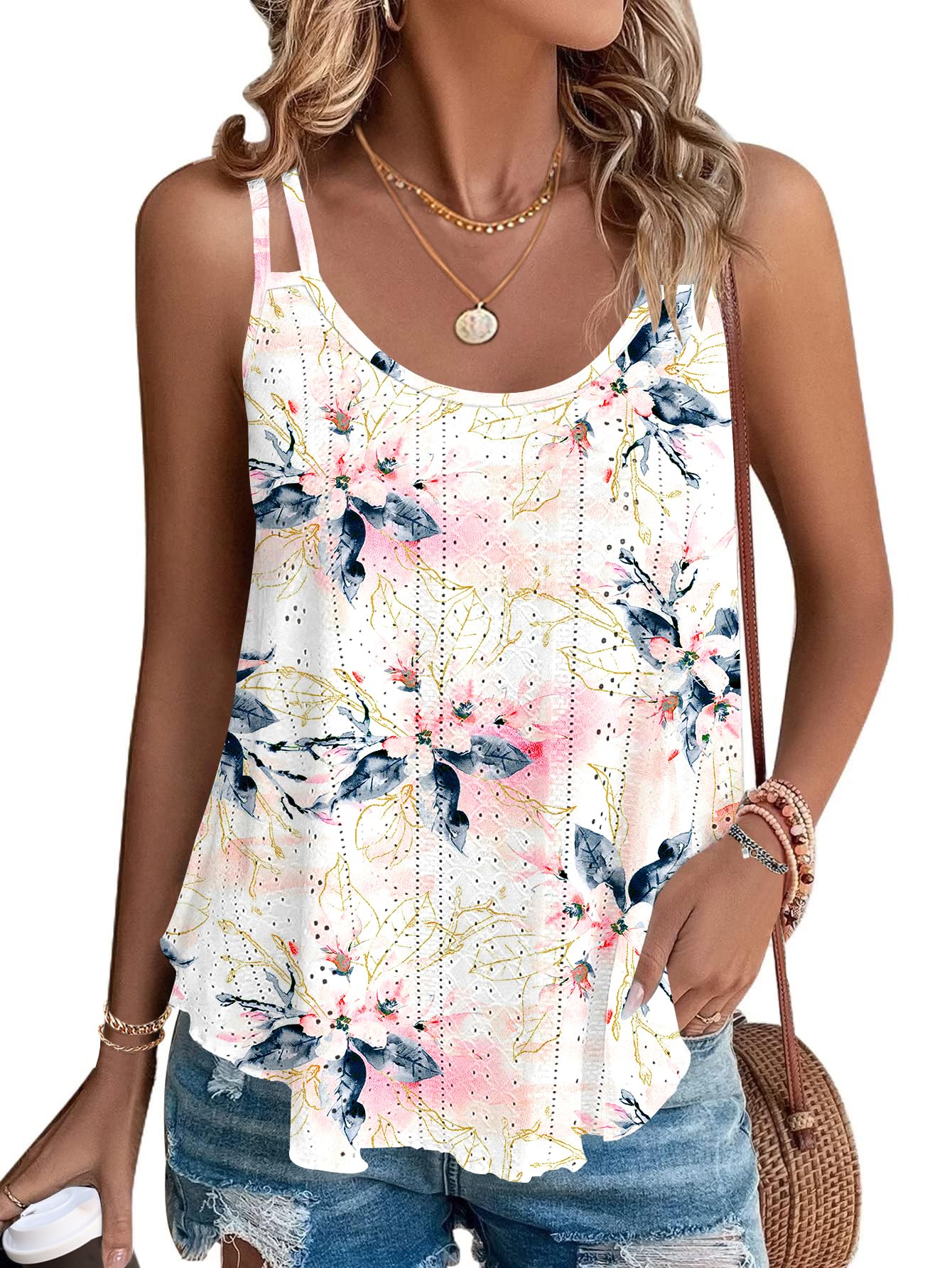 WNEEDU Damen Tank Tops Sommer Spaghetti Cami Oberteile Ärmellose Rundhalsausschnitt Blusen Top Shirts