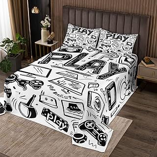 Homewish Juego de colcha para niños y niñas, juego de colcha con estampado de videojuegos, color blanco y negro