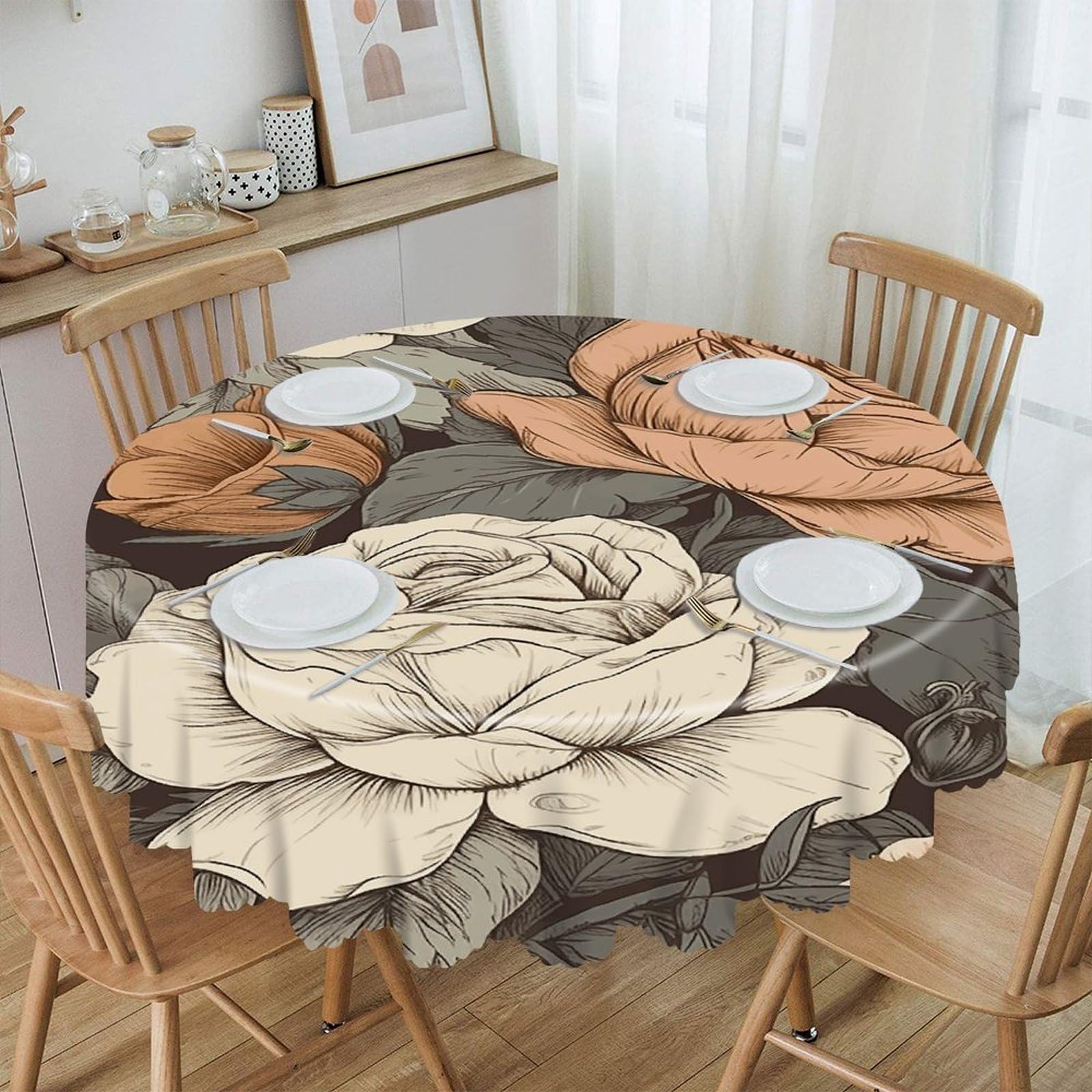 VstaDank A Hand Drawn Painting Round Tablecloth 60 Inch Easy to Clean Circle Table Cover Thick Decorative Round Polyester Table Cloth for Dining Kitchen Party Farmhouse Outdoor