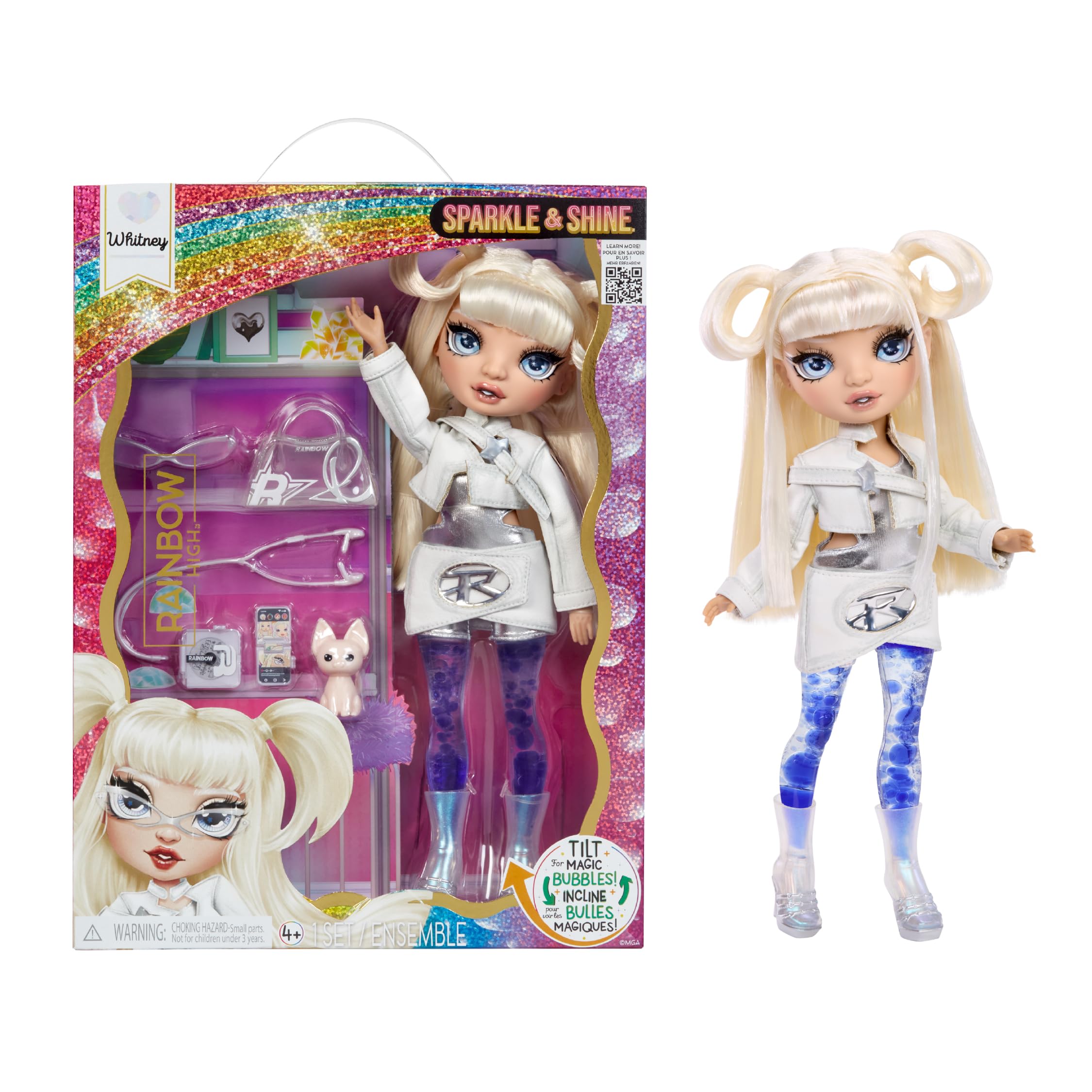 Rainbow High Sparkle & Shine Doll, Whitney, 28cm Fashion Doll with White Hair and Magic Bubbles in Legs, Colour, Style, Play