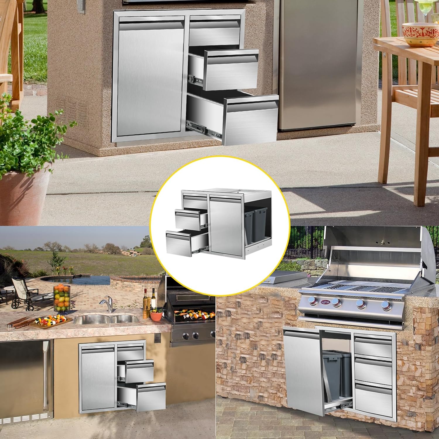 Outdoor Kitchen Door Drawer Combo with BBQ Access Door & Triple Drawers, Cabinet 28" W x 22" H x 19.5" D for Outdoor Kitchen Island. (Drawer and Left Trash Drawer Combo)