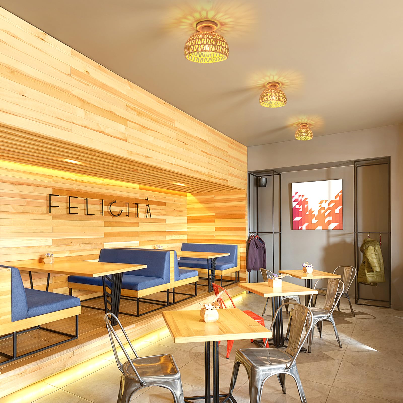 iDEGU 2 Pezzi Lampade da Soffitto in Legno 25cm Paralume Rattan Stile Boho Lampadario da Soffitto E27 Illuminazione Retrò Plafoniera Decorazione per Camera da Letto Ingresso Corridoio Caffè (Marrone)