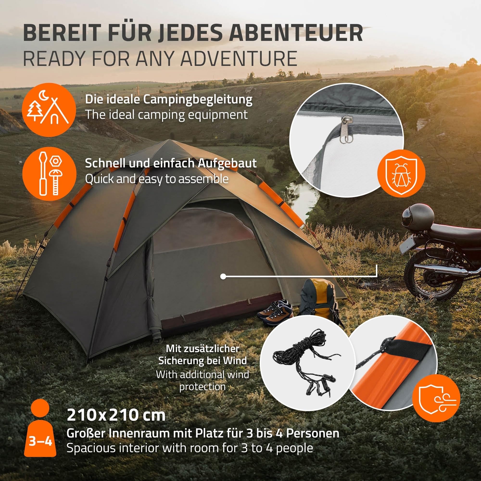 ECD Germany Namiot 3-4 Osobowy Pop-Up Campingowy, Lekki Dwuwarstwowy Namiot Outdoor Kopulowy z 2 Wejsciami, Wodoodporny i Wiatroodporny Namiot Rodzinny z Torba na Camping i Wedrówki, Zielony/Szary