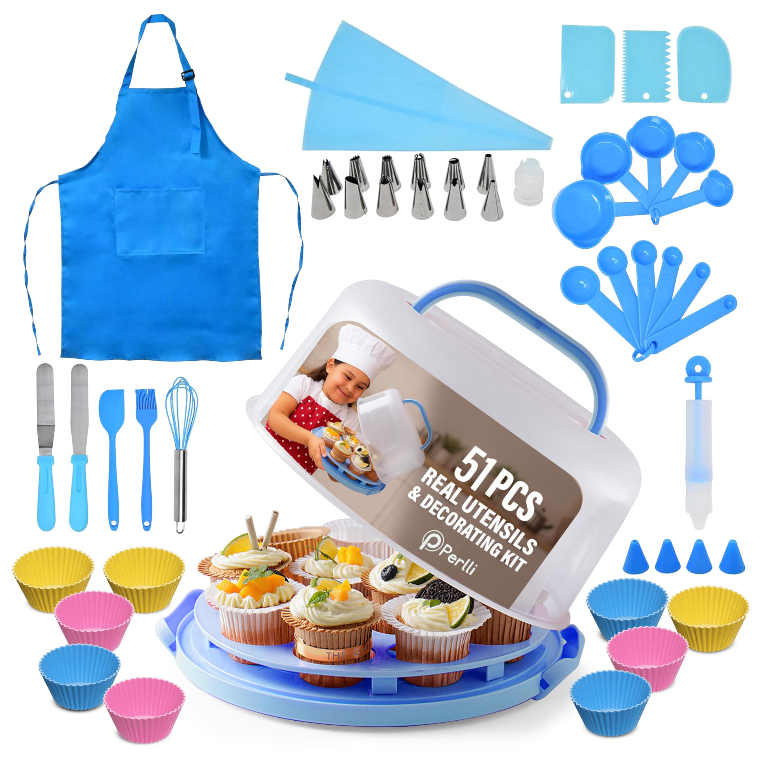 Perlli Kids Cake &amp; Cupcake Baking Set – 51 Pieces Real Utensils &amp; Decorating Kit with Carrier Safe Baking Supplies Gift for Junior Chefs Girls &amp; Boys (Blue)