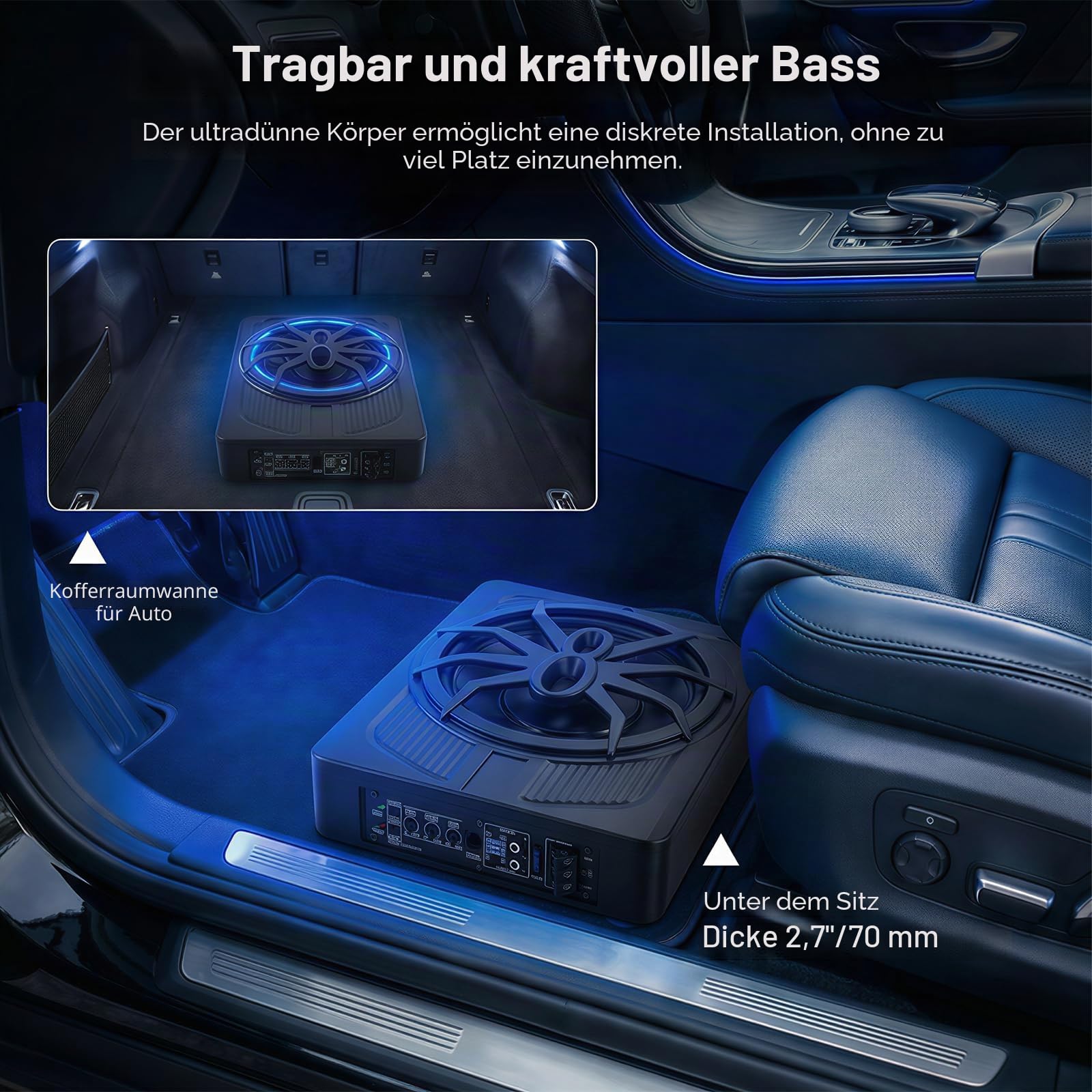 OiLiehu Untersitz Auto Subwoofer 1000W, 10" Schlanker Auto Subwoofer mit Stereo-Surround-Sound, Integrierter Audioverstärker, mit Blauem LED-Umgebungslicht