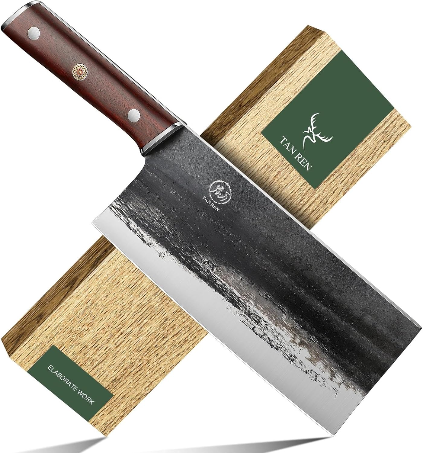 TAN REN Meat Cleaver Knife 8 Inch,High Carbon Steel Chinese Cleaver Heavy Duty Bone Cutting with Wooden Handle,Ultra Sharp Butcher Meat Knife for Home Kitchen