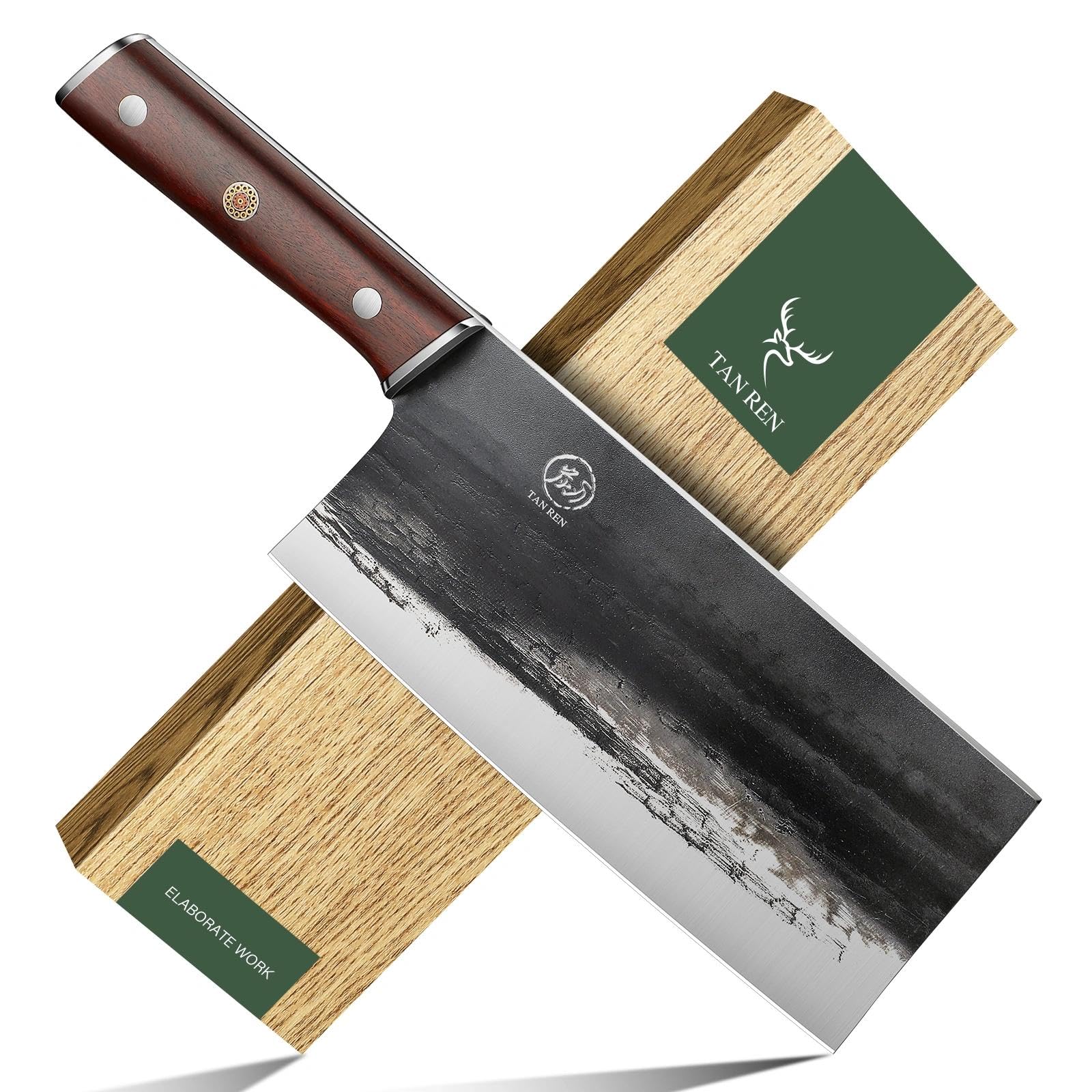 TAN REN Meat Cleaver Knife 8 Inch,High Carbon Steel Chinese Cleaver Heavy Duty Bone Cutting with Wooden Handle,Ultra Sharp Butcher Meat Knife for Home Kitchen
