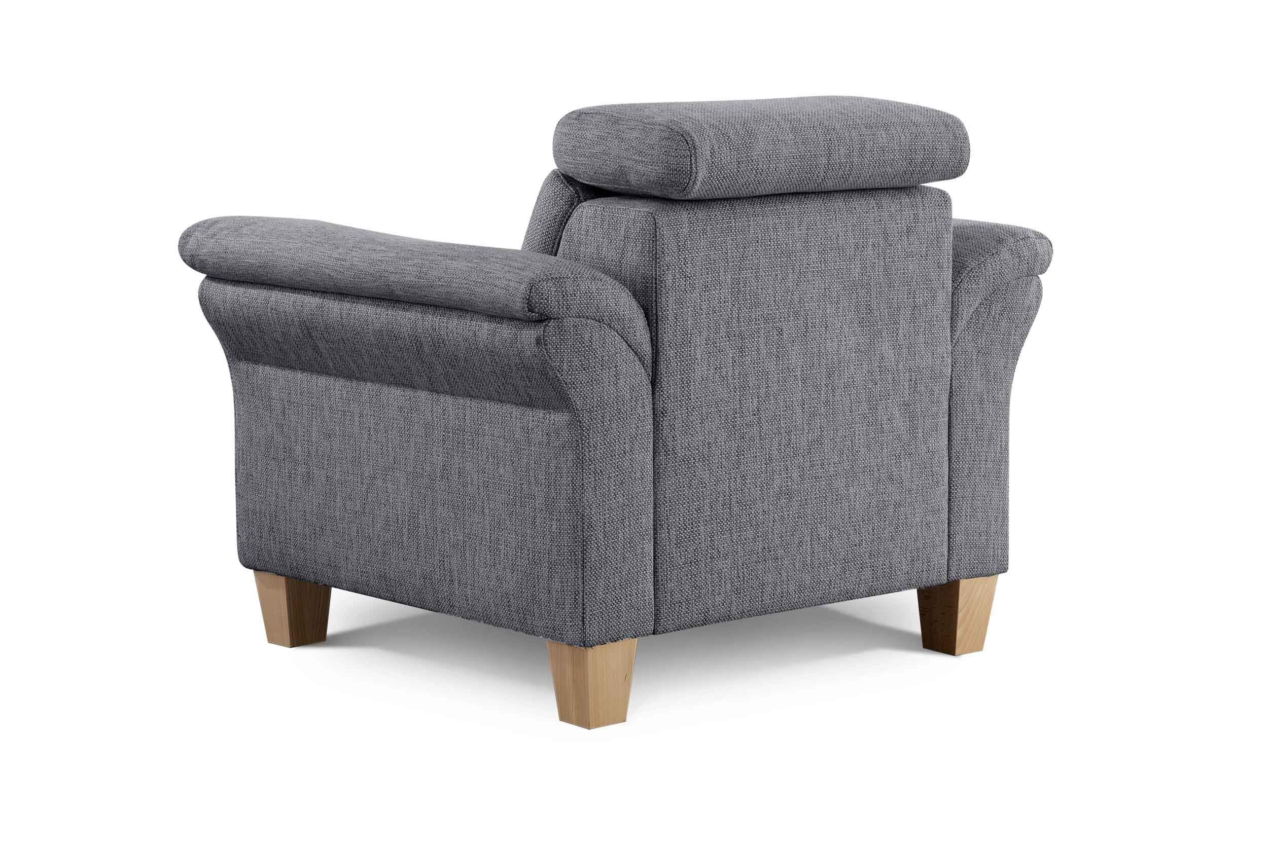 Cavadore Sessel Ammerland inkl. Federkern und Kopfteilverstellung / Großer Polstersessel im Landhausstil / Passend zur Sofagarnitur Ammerland / 101 x 84 x 93 / Strukturstoff grau