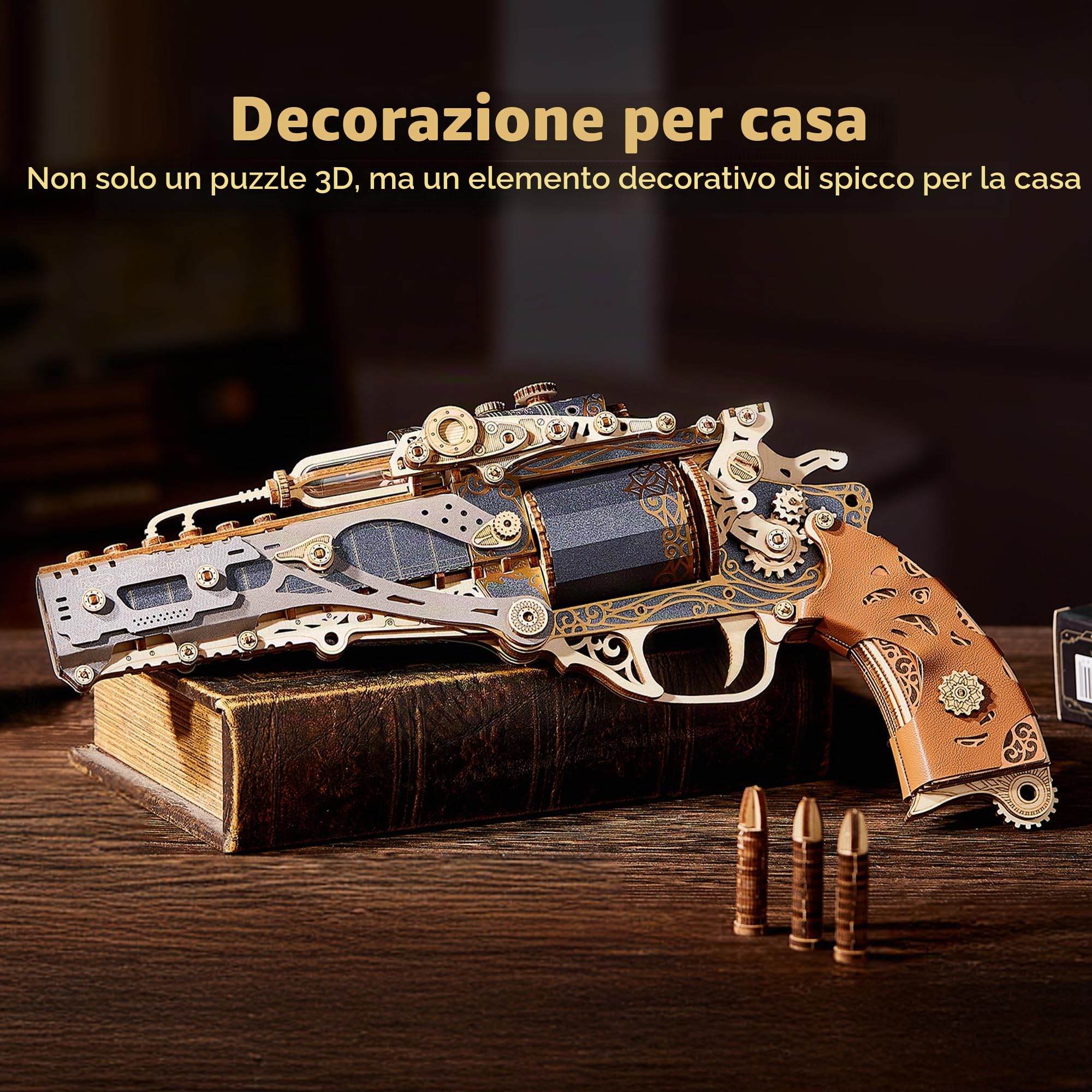 FUNPOLA Puzzle 3D in legno Modello Revolver Steampunk – Kit di montaggio DIY del revolver meccanico, regalo creativo per adulti e adolescenti (Nero)