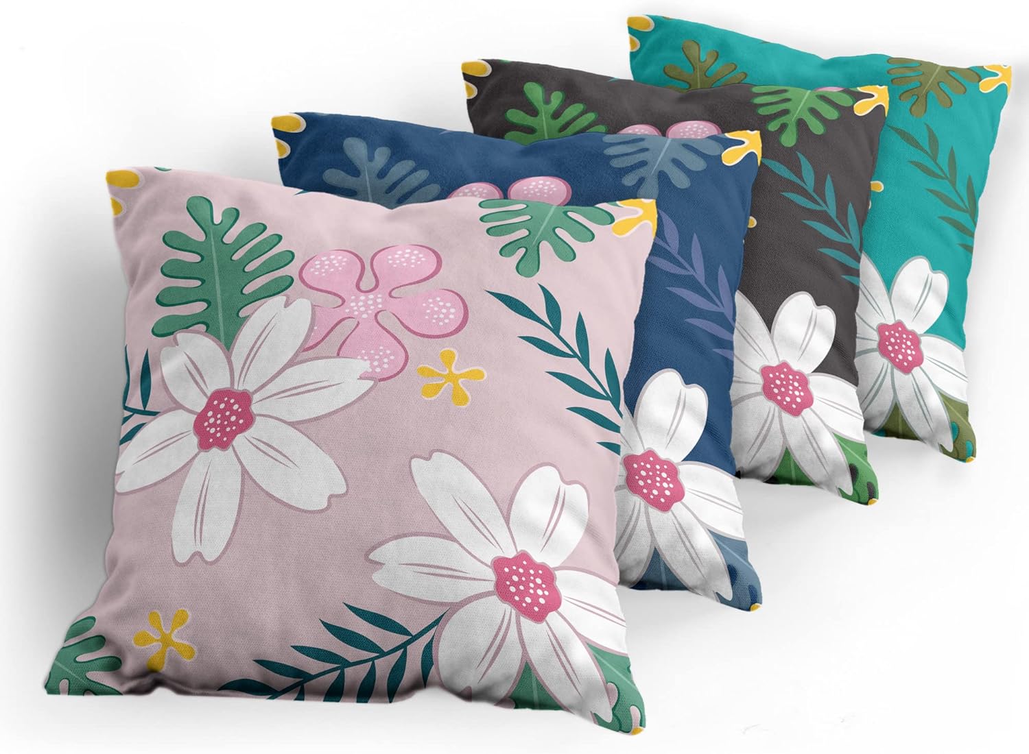 Ambesonne Floral Throw Pillow Cushion Case Pack of 4, Exotic Summer Flowers Cartoon Design Tropical Leaves Blooming on Colorful Backdrops, Modern Accent Double-Sided Printing, 20" x 12", Multicolor