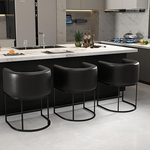 PU Leather Bar Stools Set of 3, Modern Upholstered Counter Height Bar stools 24" Leather Barstools Barrel Kitchen Counter Island Stools with Black Metal Base, Black