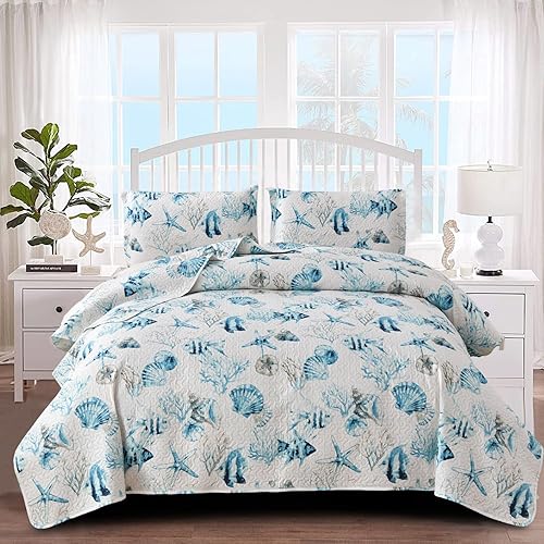 Jarson Juego de edredones costeros de playa, tamaño matrimonialqueen, 3 piezas, juego de colcha ligera de verano, juego de ropa de cama con