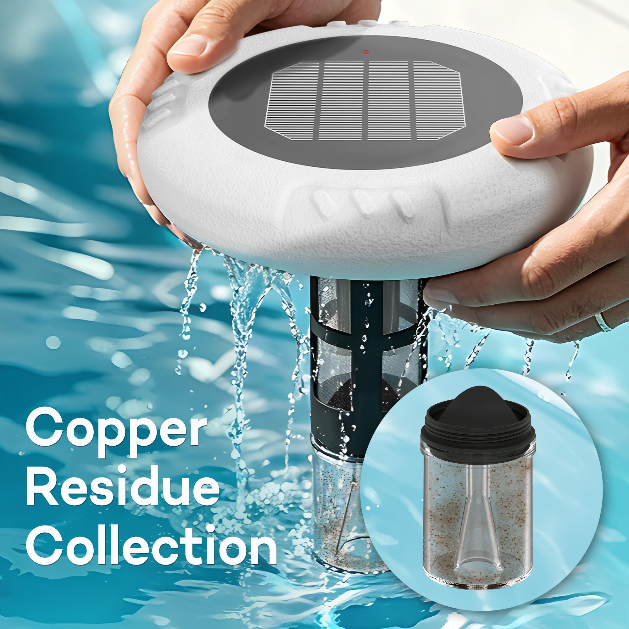 Ioniseur solaire de piscine - Anodes en cuivre autonettoyantes, contrôle intelligent et interrupteur à flotteur automatique, réduit 85 % de chlore, entretien facile, pour piscines jusqu'à