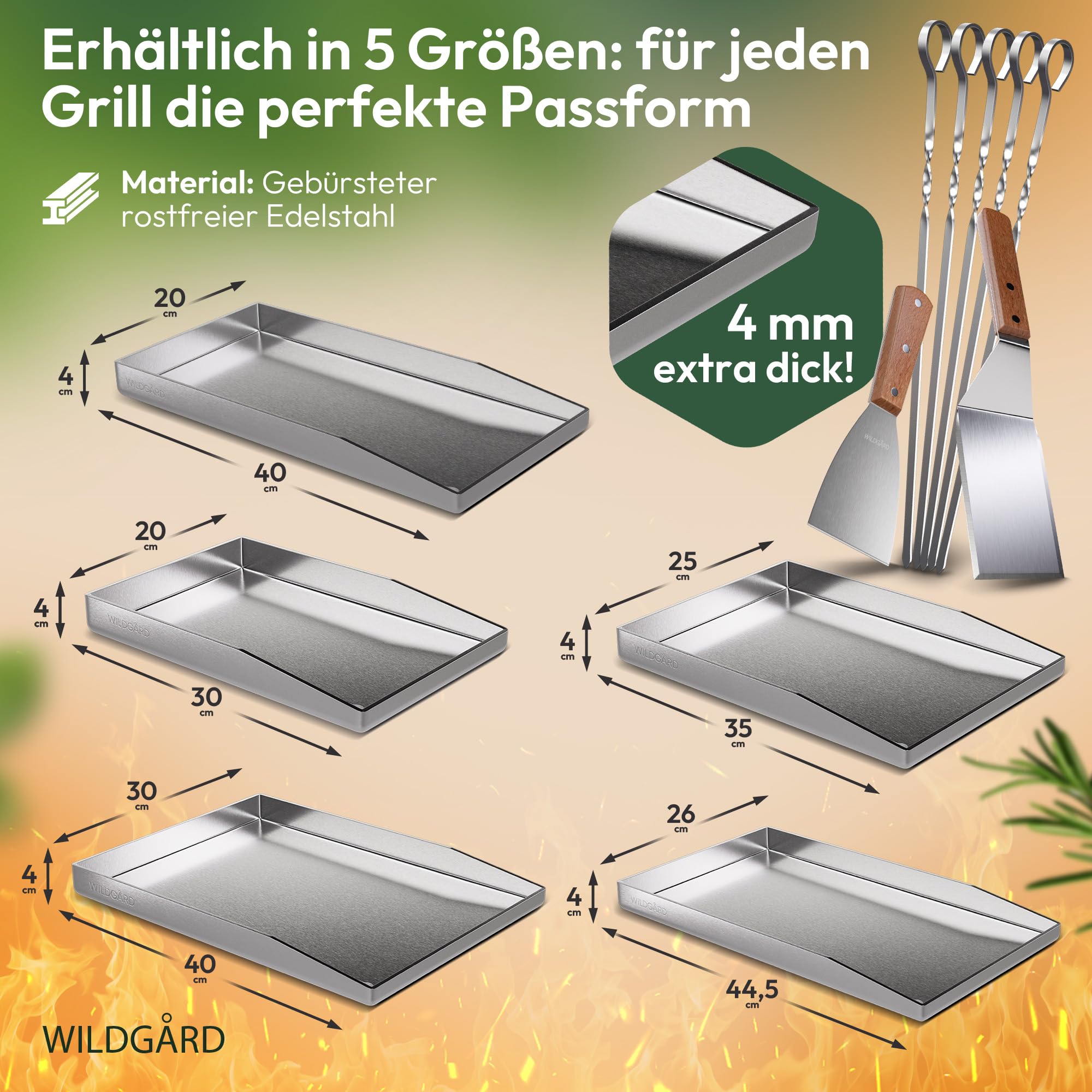 Plancha Plaque de cuisson - Plancha en acier inoxydable épais - 40 x 30 cm - Convient pour barbecue à gaz et barbecue à charbon +PLUS: 2x spatule de barbecue & 5x brochettes