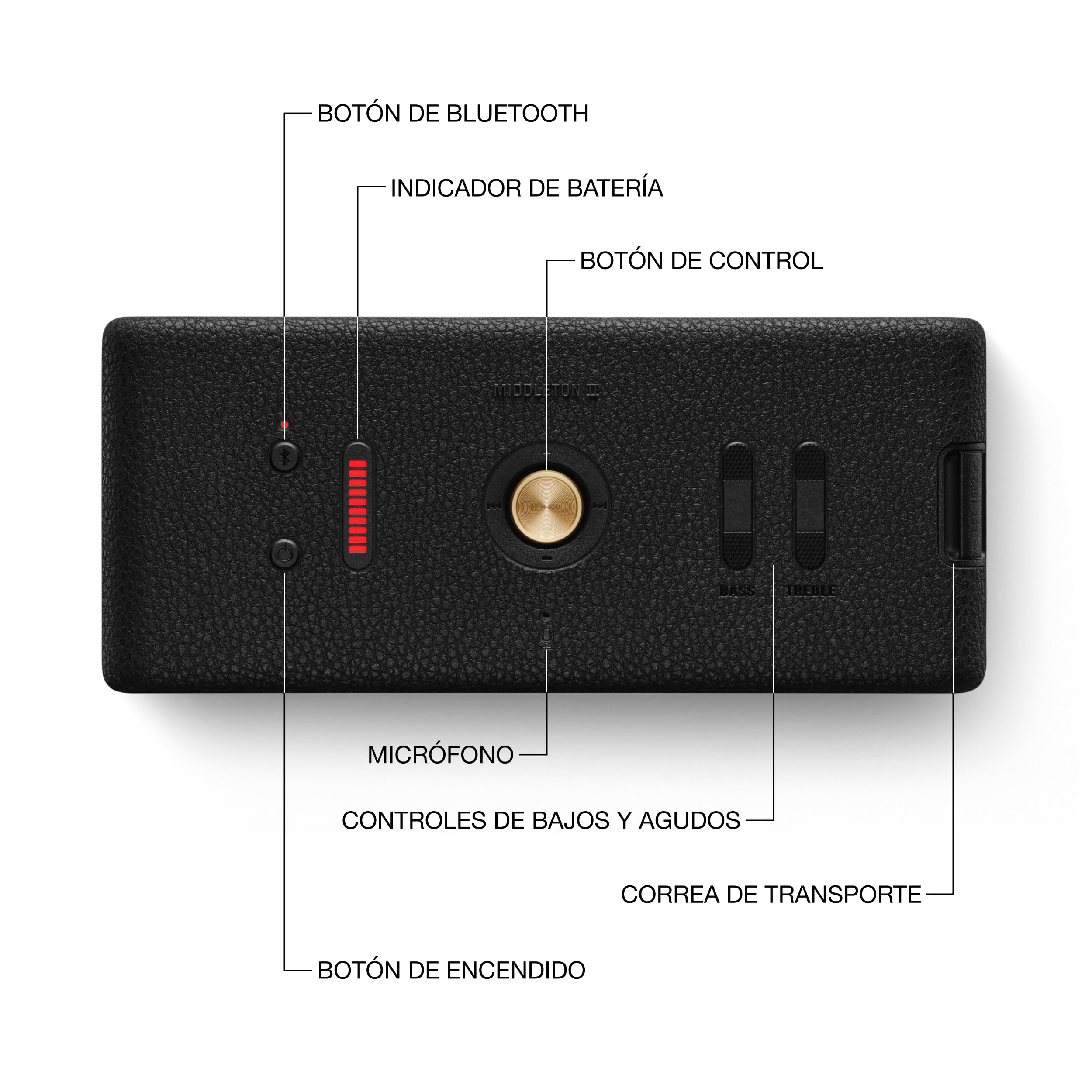 Marshall Middleton II Altavoz Bluetooth portátil con más de 30 Horas de reproducción y Resistencia al Agua IP67 - Negro y latón