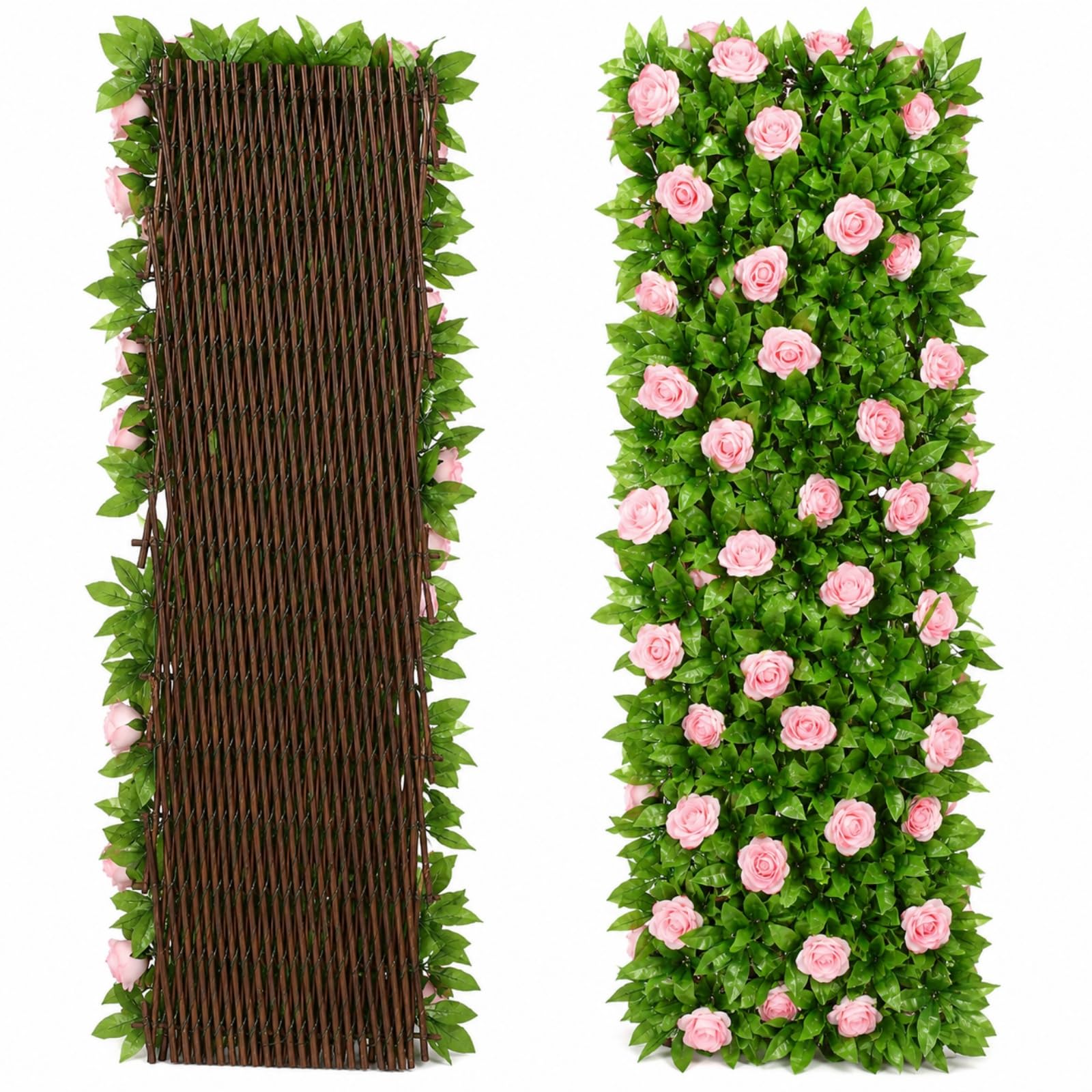 Garden Trellis with Leaves, Expanding Garden Trellis Panels, Artificial Trellis Screening with Ivy and Violet Flower, Artificial Ivy and Violet Flower Fence Screening (Roses*1)