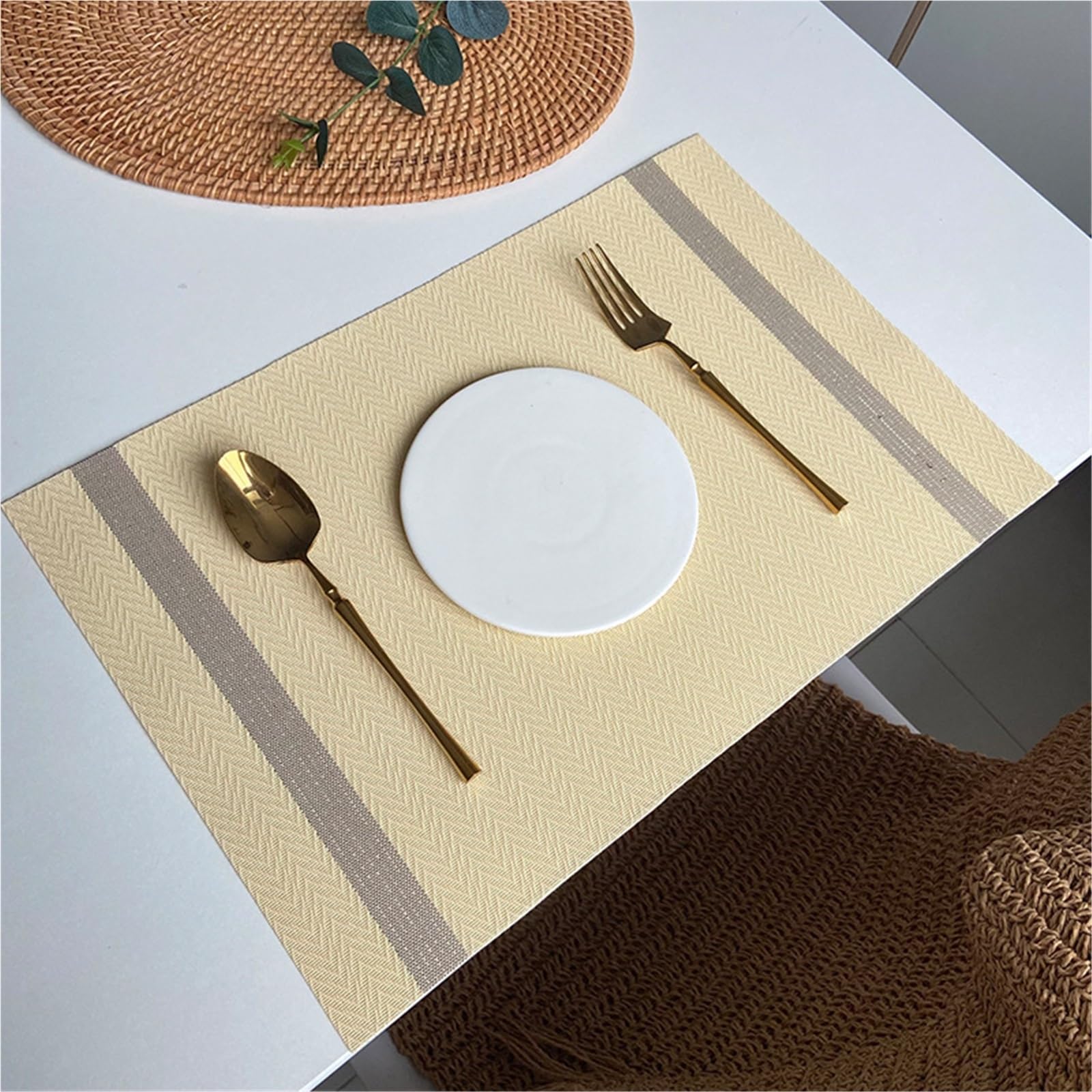 PVC Placemat Heat Insulation Dining Table Mat Waterproof Oil Proof Placemat Table Kitchen Home Party Hotel Accessories(SHU Yellow,30x45cm 10pcs)